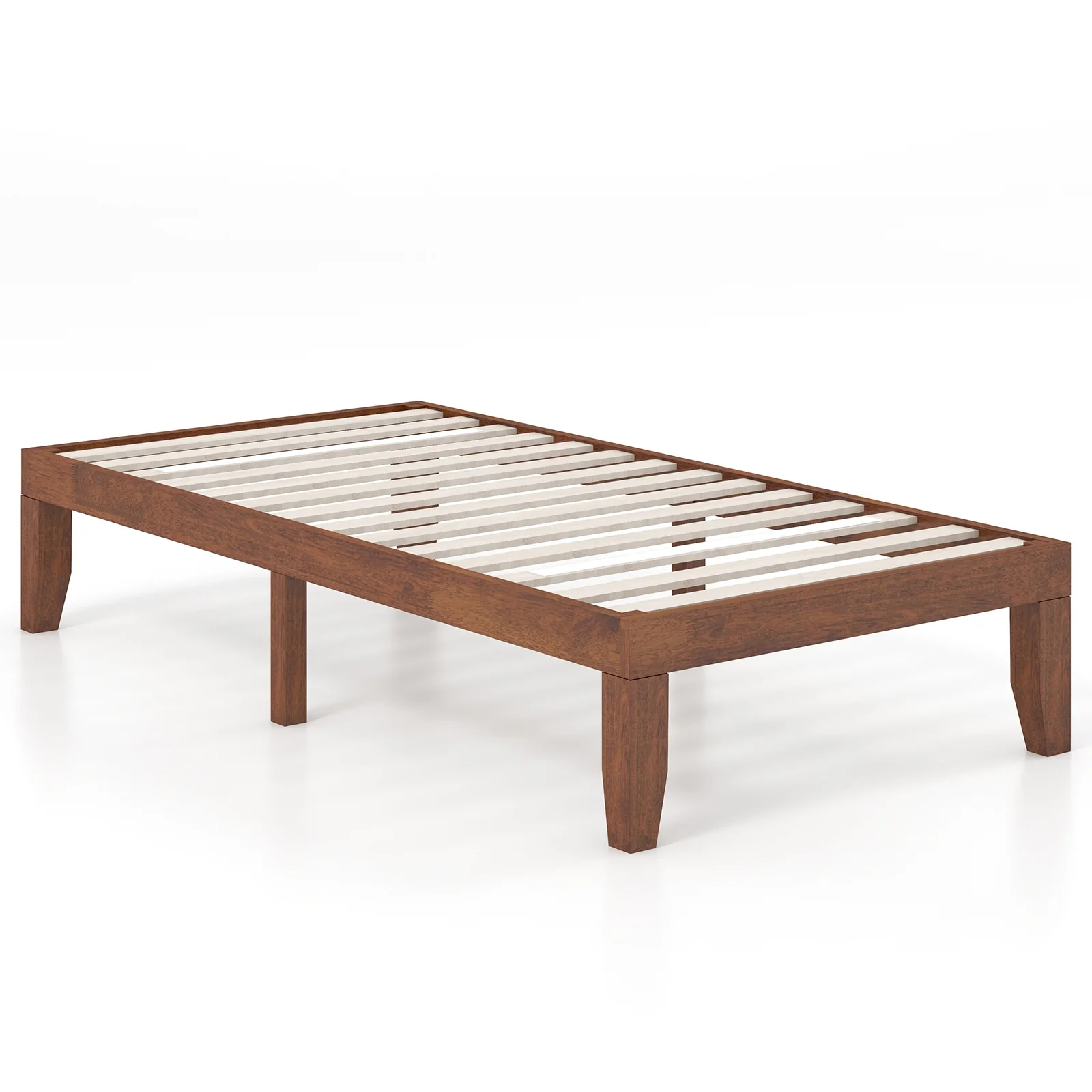 14 Inch Twin Size Platform Bed Frame, Wood Slat Support, Walnut