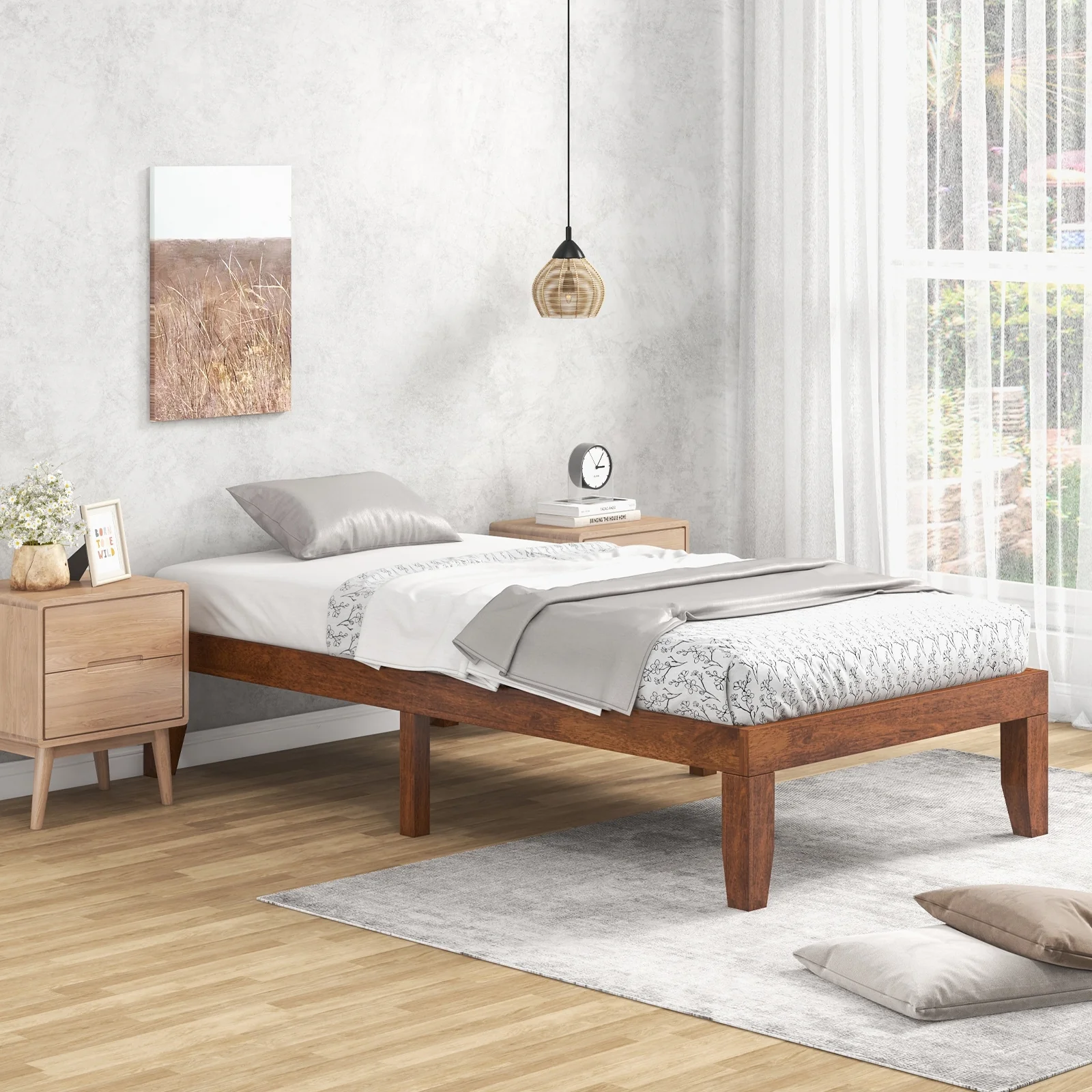 14 Inch Twin Size Platform Bed Frame, Wood Slat Support, Walnut - Image 2