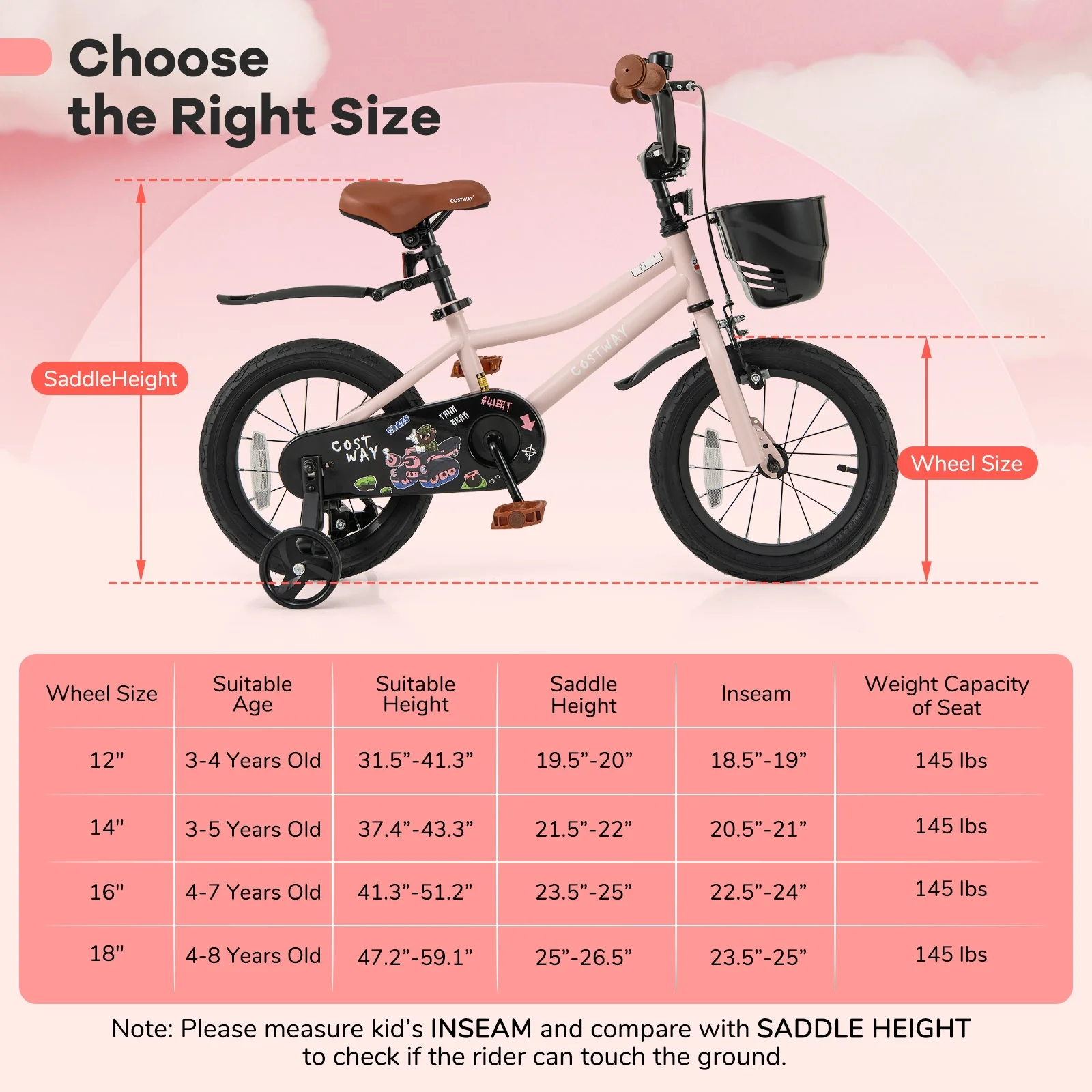 14 Inches Kids Bike With Basket, Adjustable Handlebar, 3-5 Years, Pink - Image 5