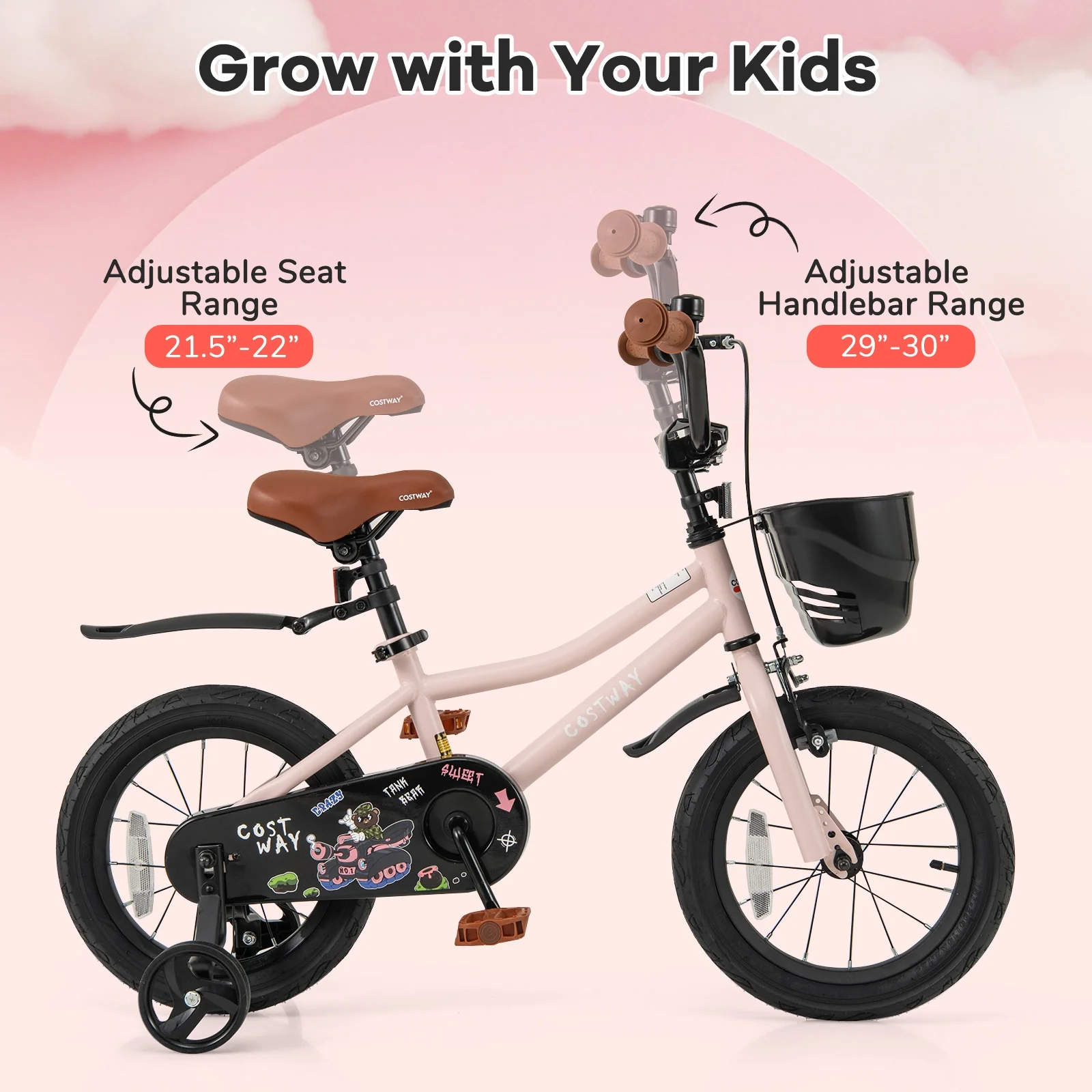 14 Inches Kids Bike With Basket, Adjustable Handlebar, 3-5 Years, Pink - Image 6