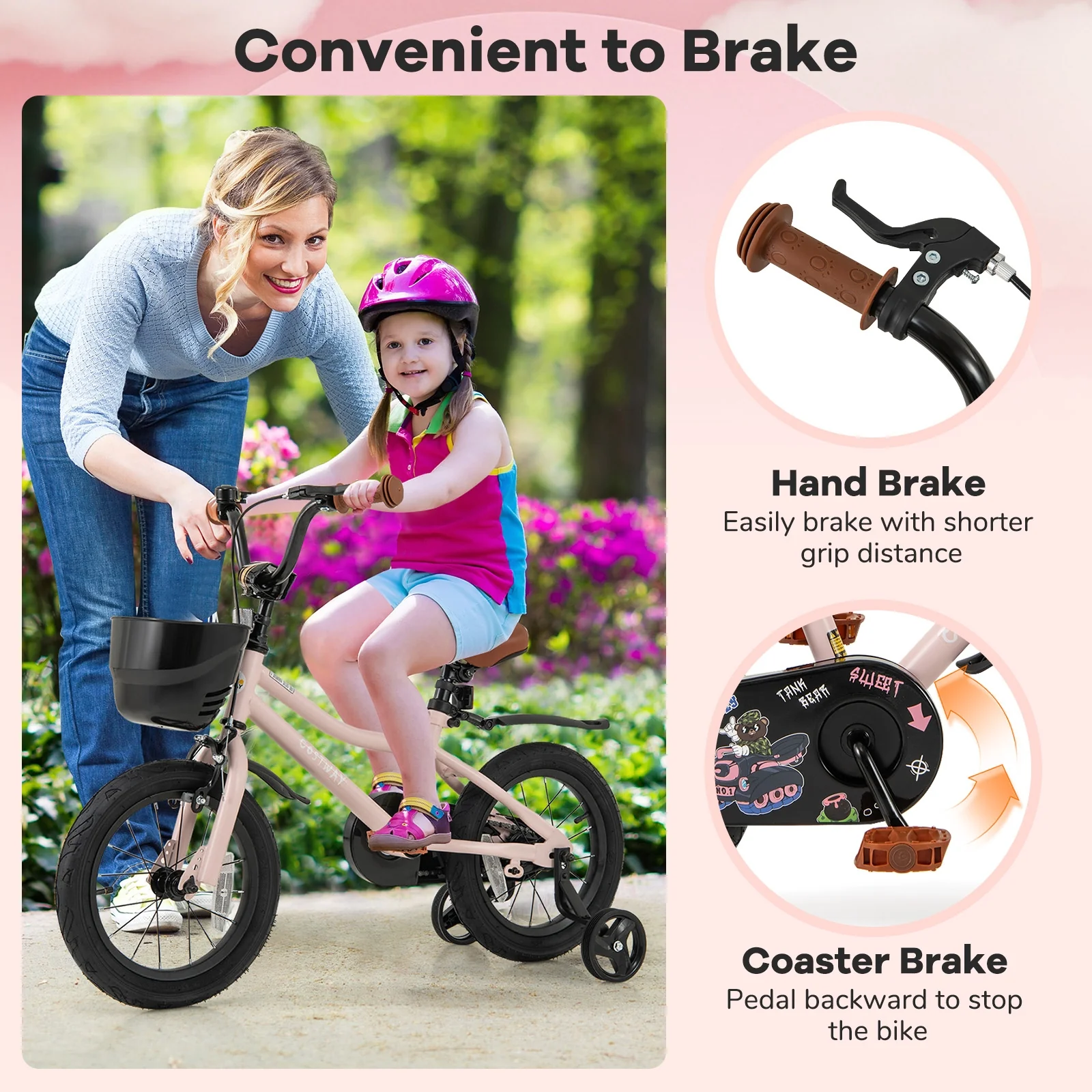 14 Inches Kids Bike With Basket, Adjustable Handlebar, 3-5 Years, Pink - Image 7