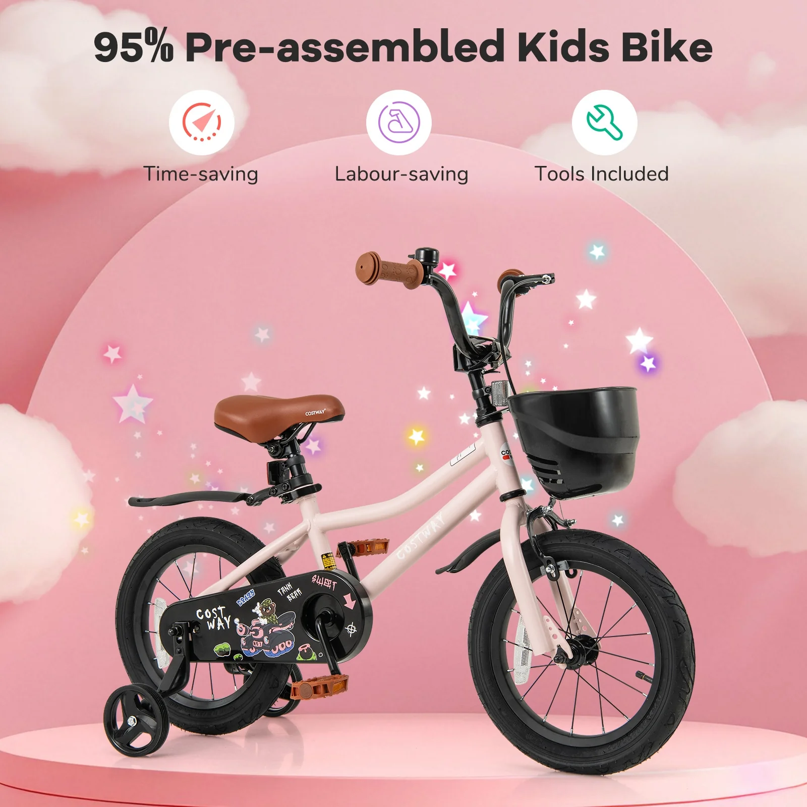 14 Inches Kids Bike With Basket, Adjustable Handlebar, 3-5 Years, Pink - Image 8