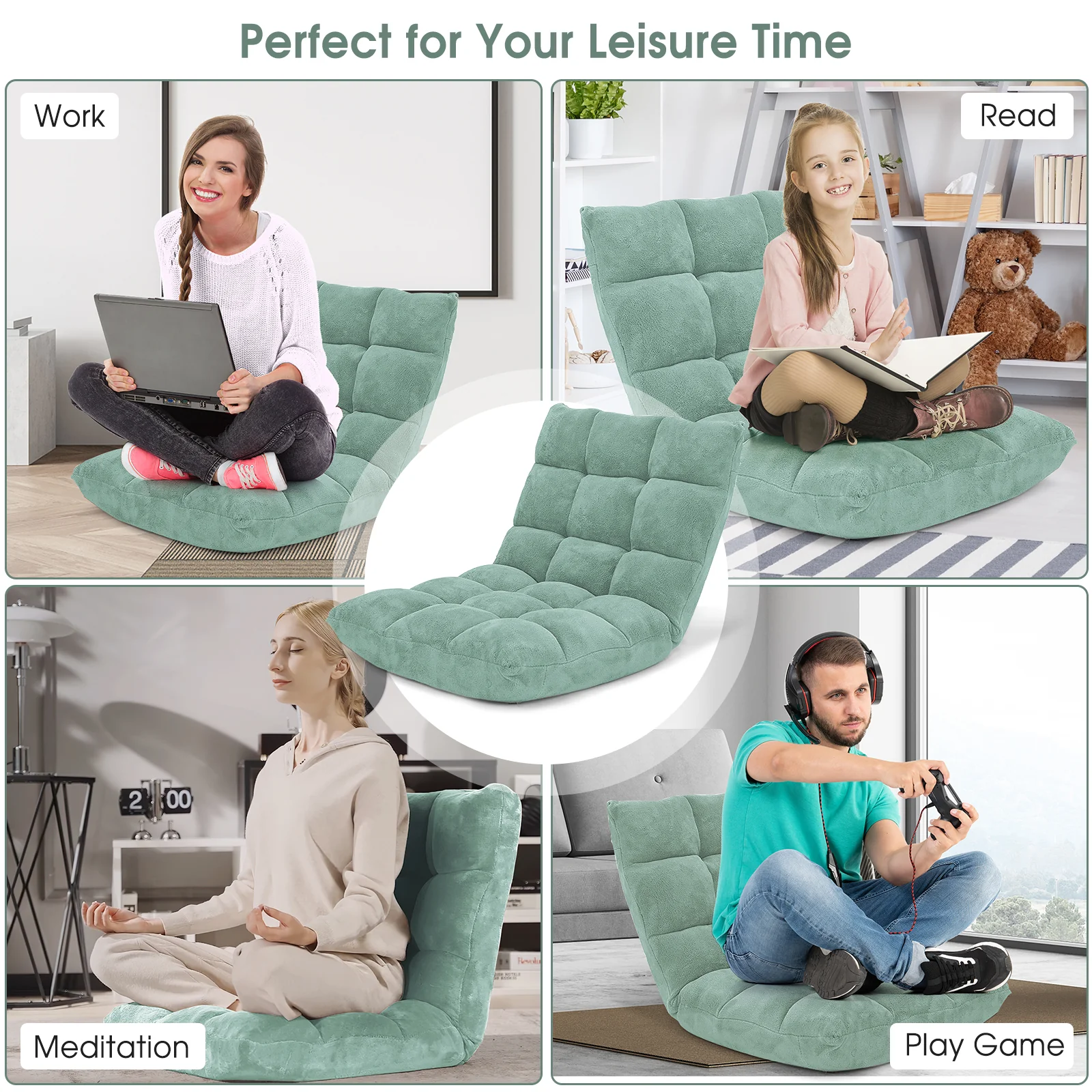 14-Position Adjustable Cushioned Floor Chair, Green - Image 10