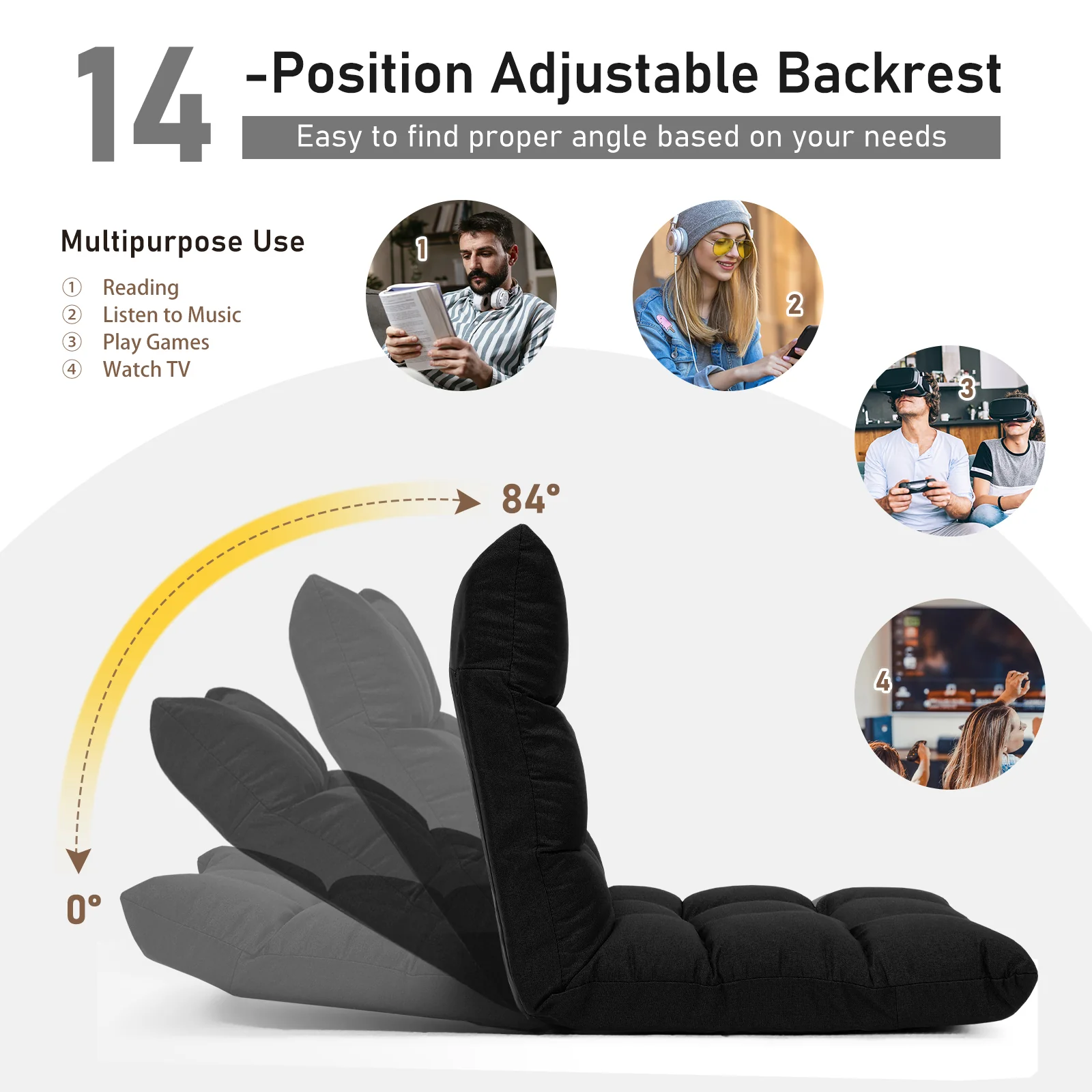 14-Position Adjustable Folding Gaming Sofa, Black - Image 7