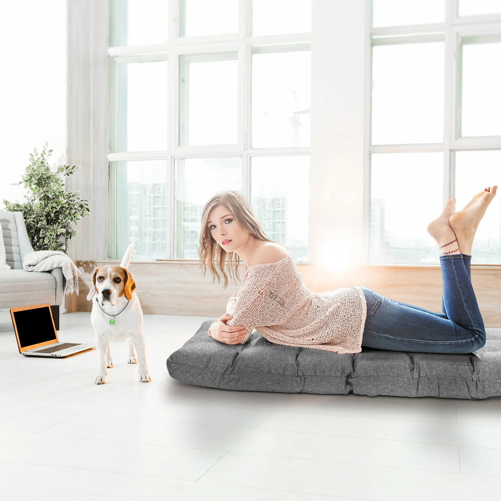 14-Position Adjustable Folding Gaming Sofa, Gray - Image 3