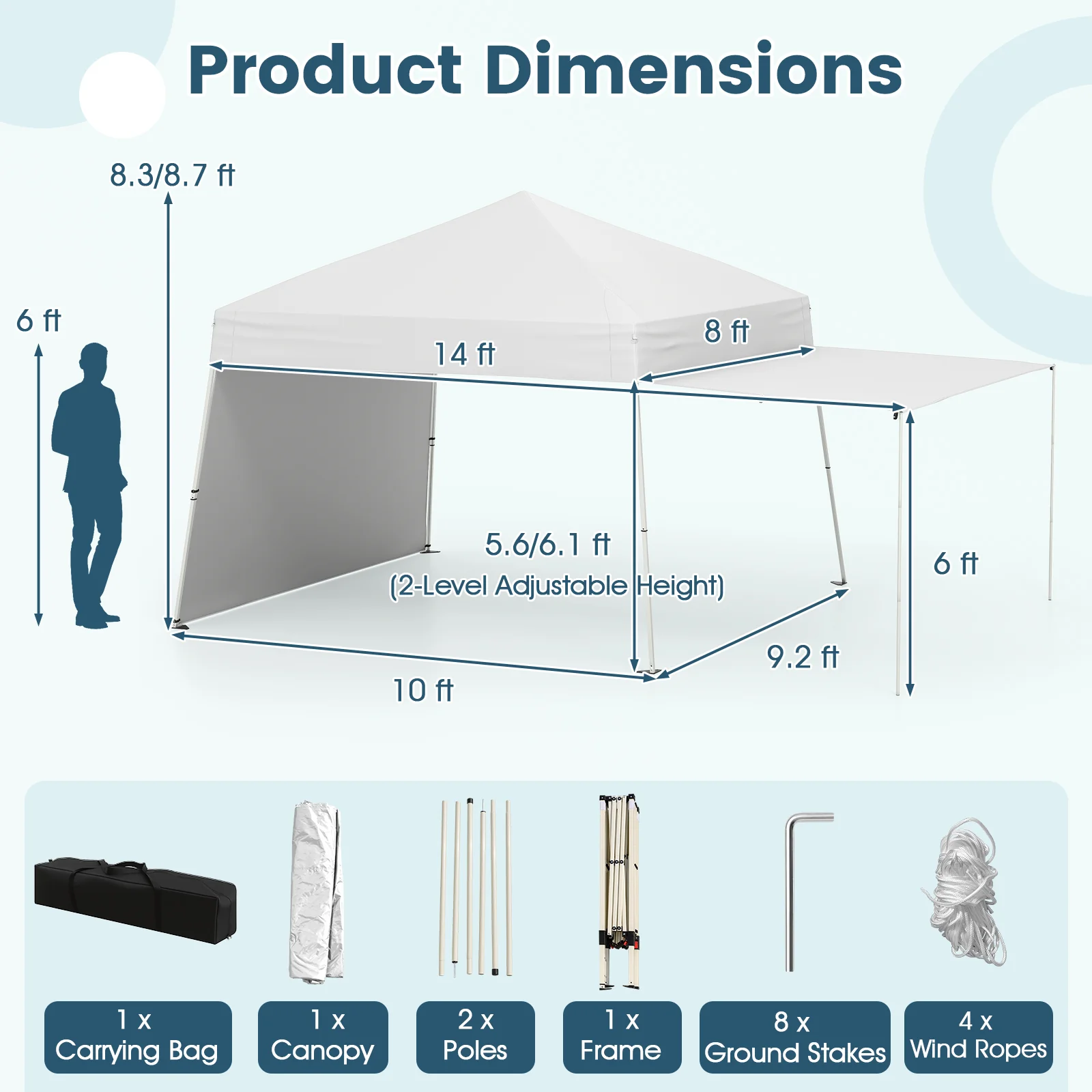14 x 9.2 Feet Pop Up Canopy Tent, With 2 Convertible Sidewalls, White - Image 6