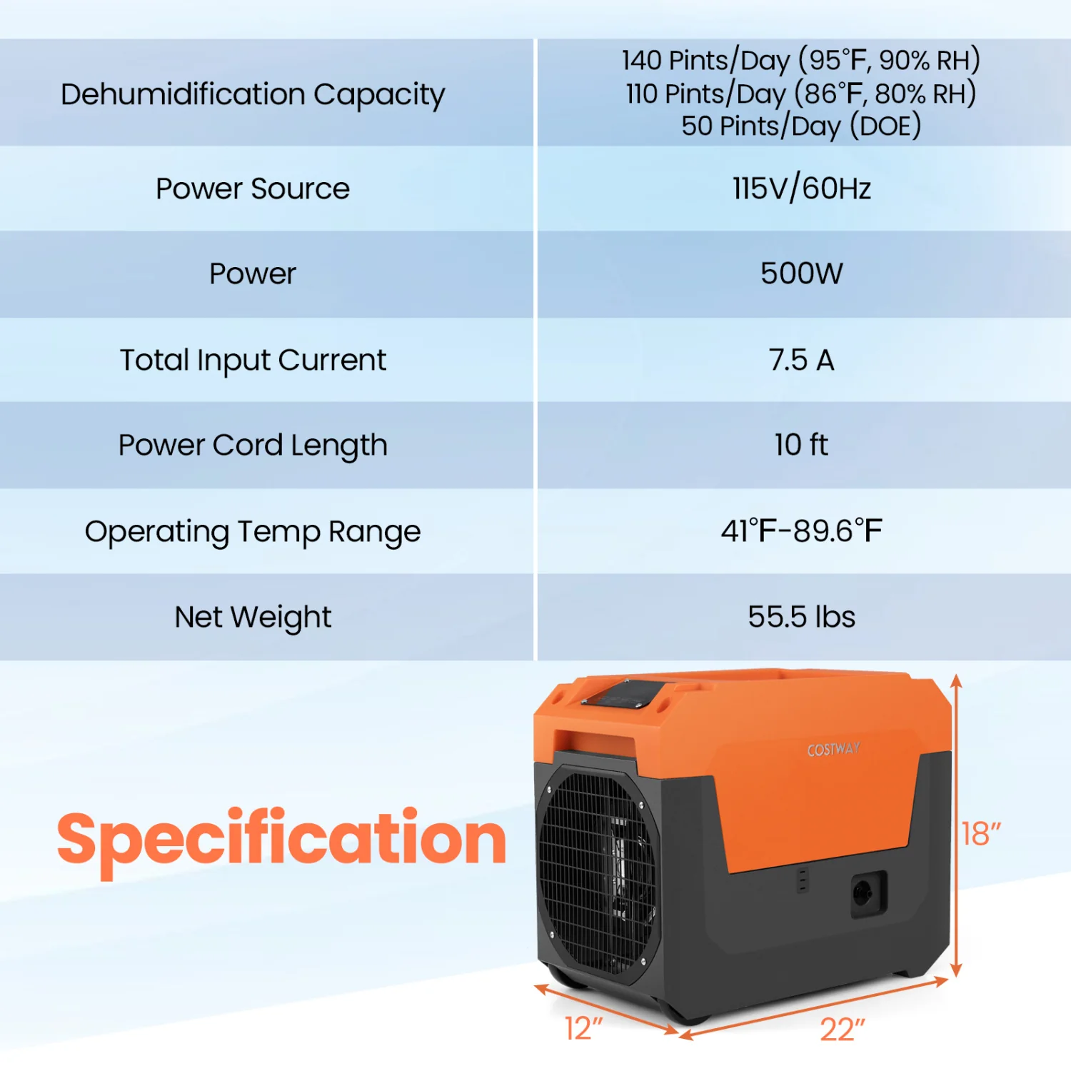 140 Pints Commercial Dehumidifier with Pump and Drain Hose, Orange - Image 4