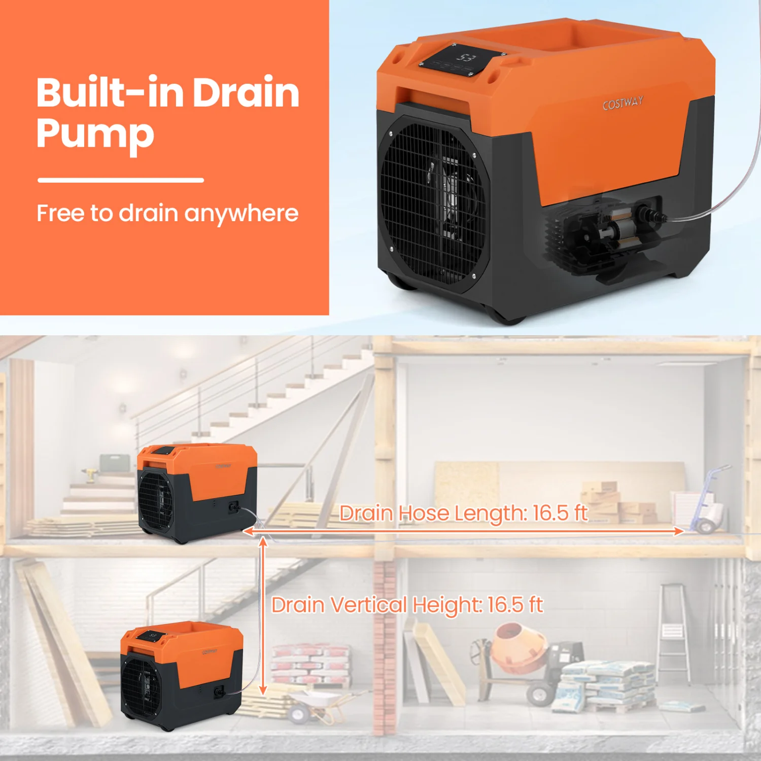 140 Pints Commercial Dehumidifier with Pump and Drain Hose, Orange - Image 5