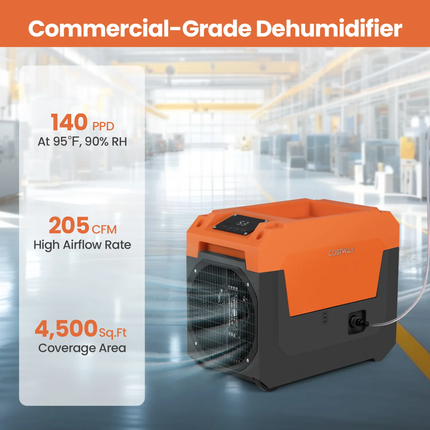 140 Pints Commercial Dehumidifier with Pump and Drain Hose, Orange - Image 7