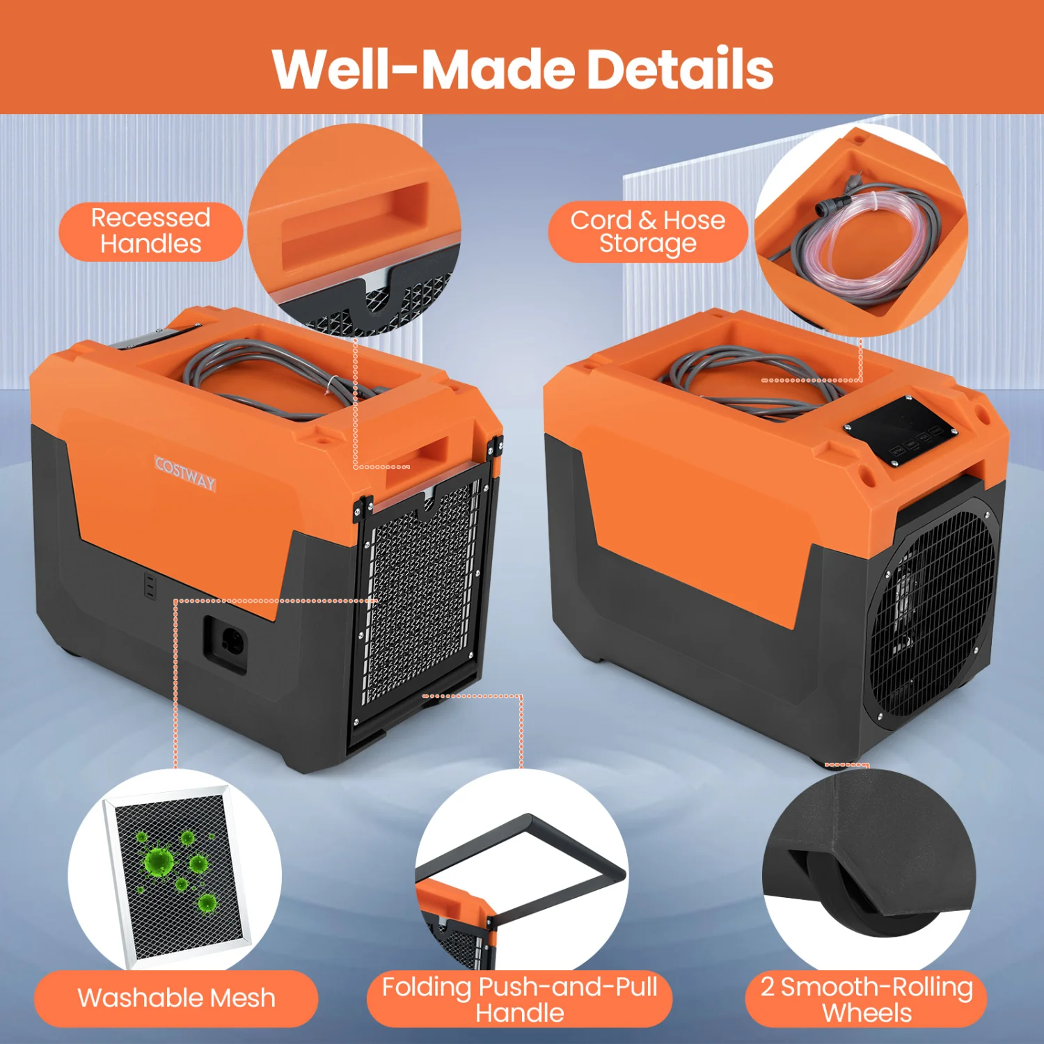 140 Pints Commercial Dehumidifier with Pump and Drain Hose, Orange - Image 8