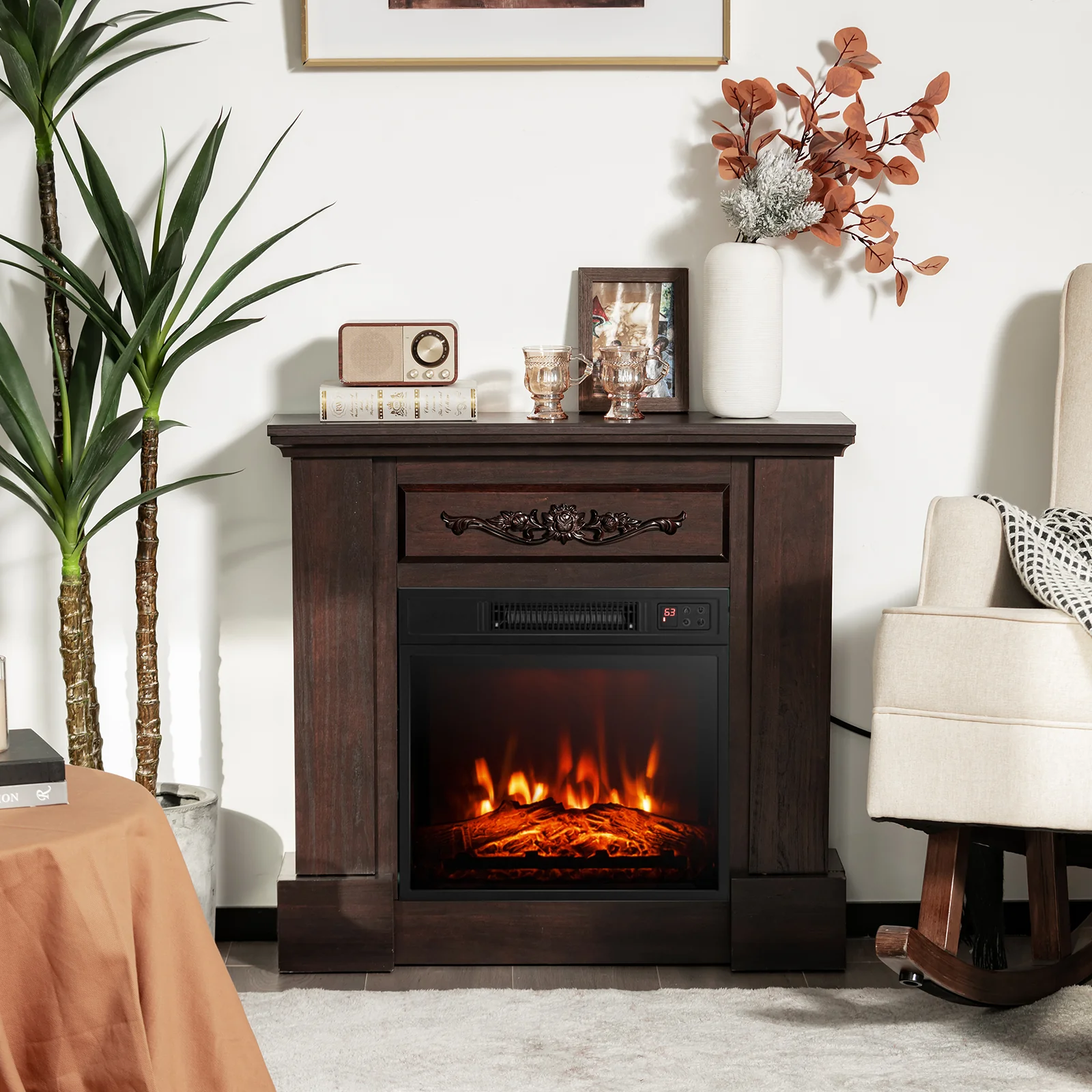1400W Electric Fireplace TV Stand Mantel, Remote Control, Natural - Image 2