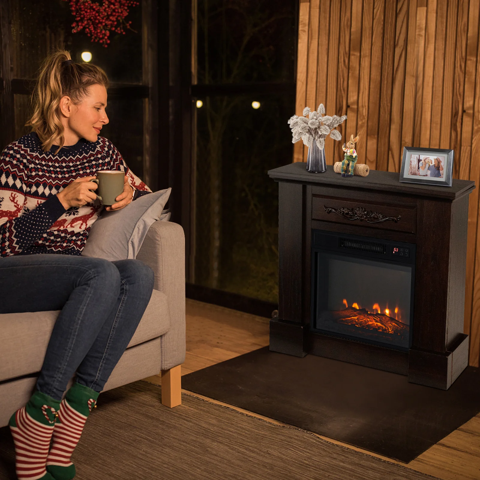 1400W Electric Fireplace TV Stand Mantel, Remote Control, Natural - Image 3