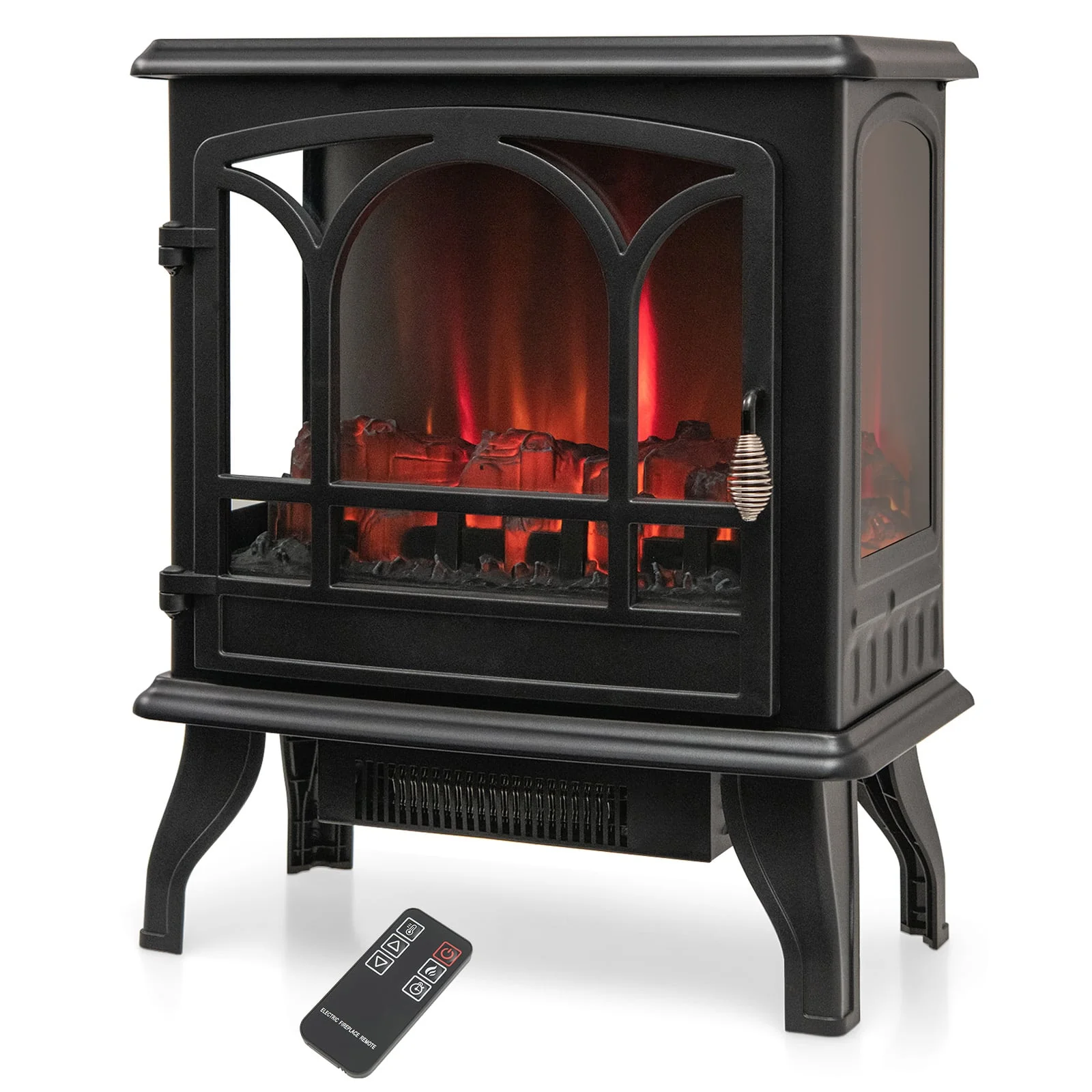 1400W Electric Stove Heater, 3-Level Flame Effect, 3-Sided View, Black