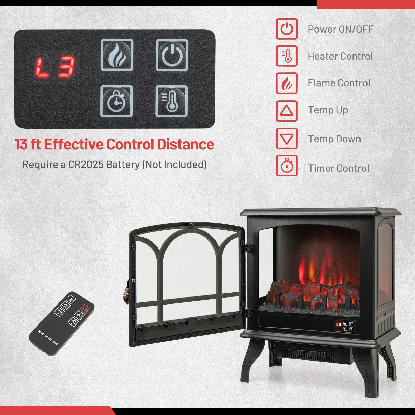 1400W Electric Stove Heater, 3-Level Flame Effect, 3-Sided View, Black - Image 7
