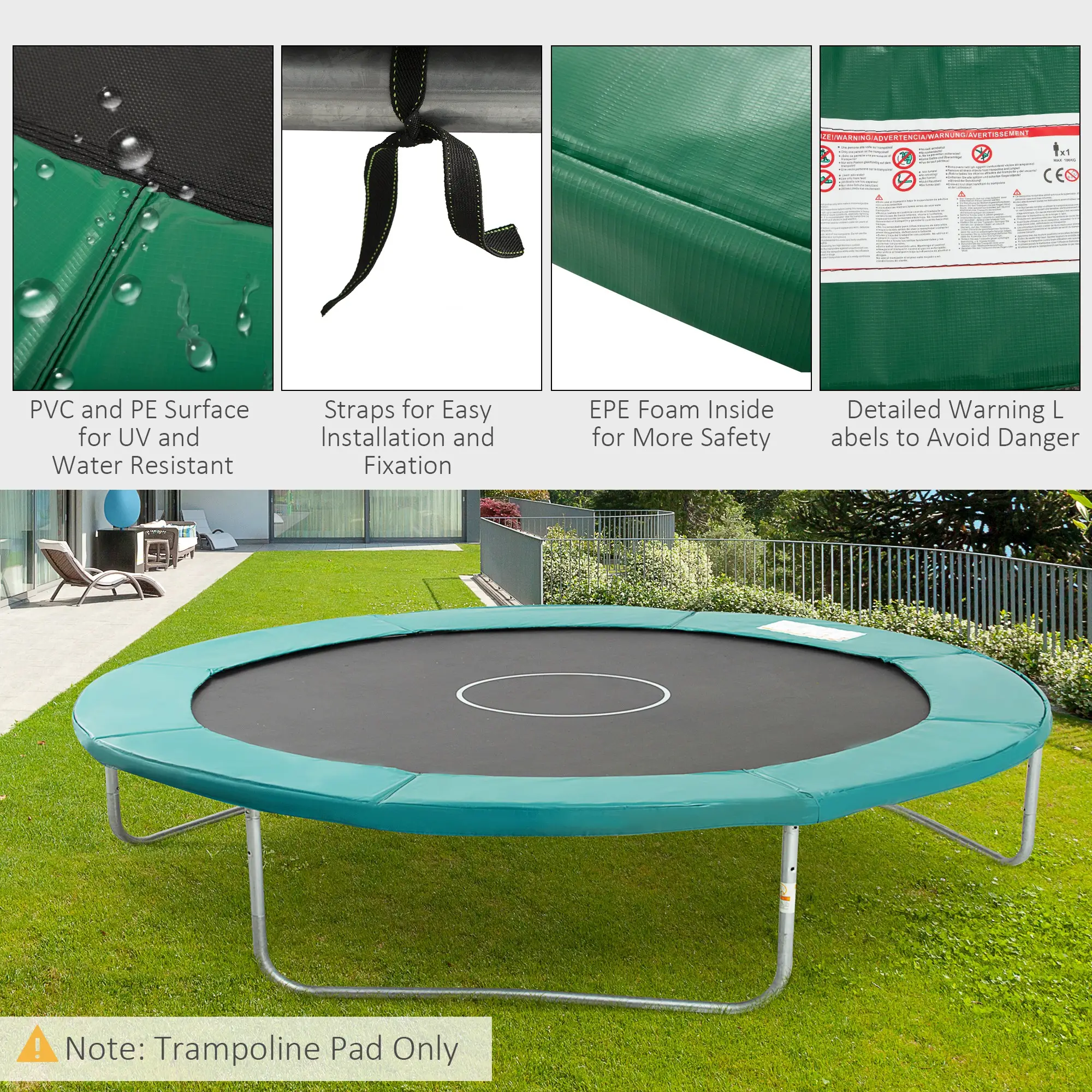 14FT Trampoline Pad Replacement, Φ168" Spring Cover, Water-Resistant, Green - Image 4