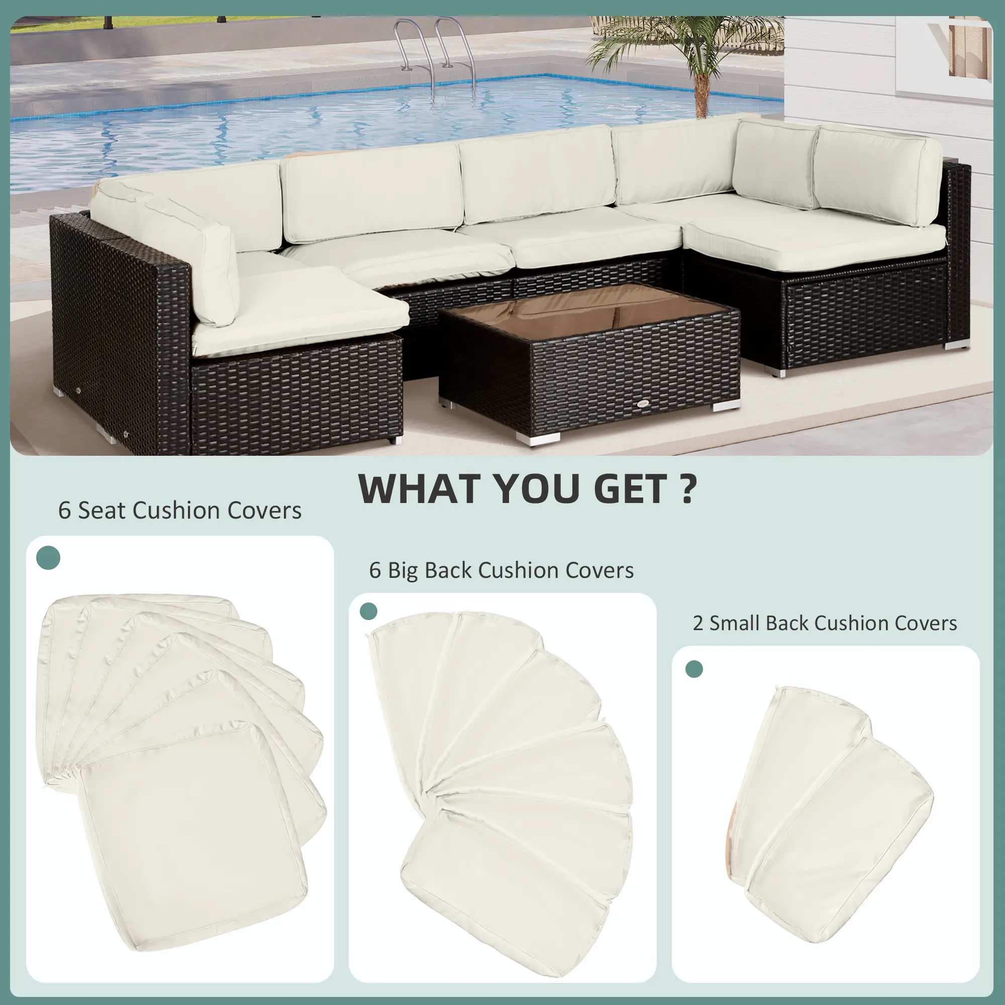 14pc Patio Rattan Sofa Set, Polyester Cushion Cover, Cream White - Image 4