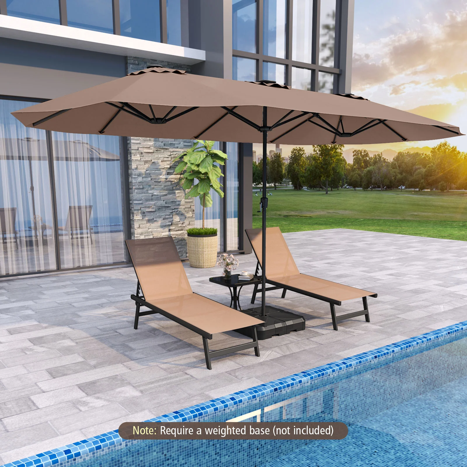 15.5 FT Extra-Large Patio Umbrella, LED Solar Lights, Crank Handle, Brown - Image 2