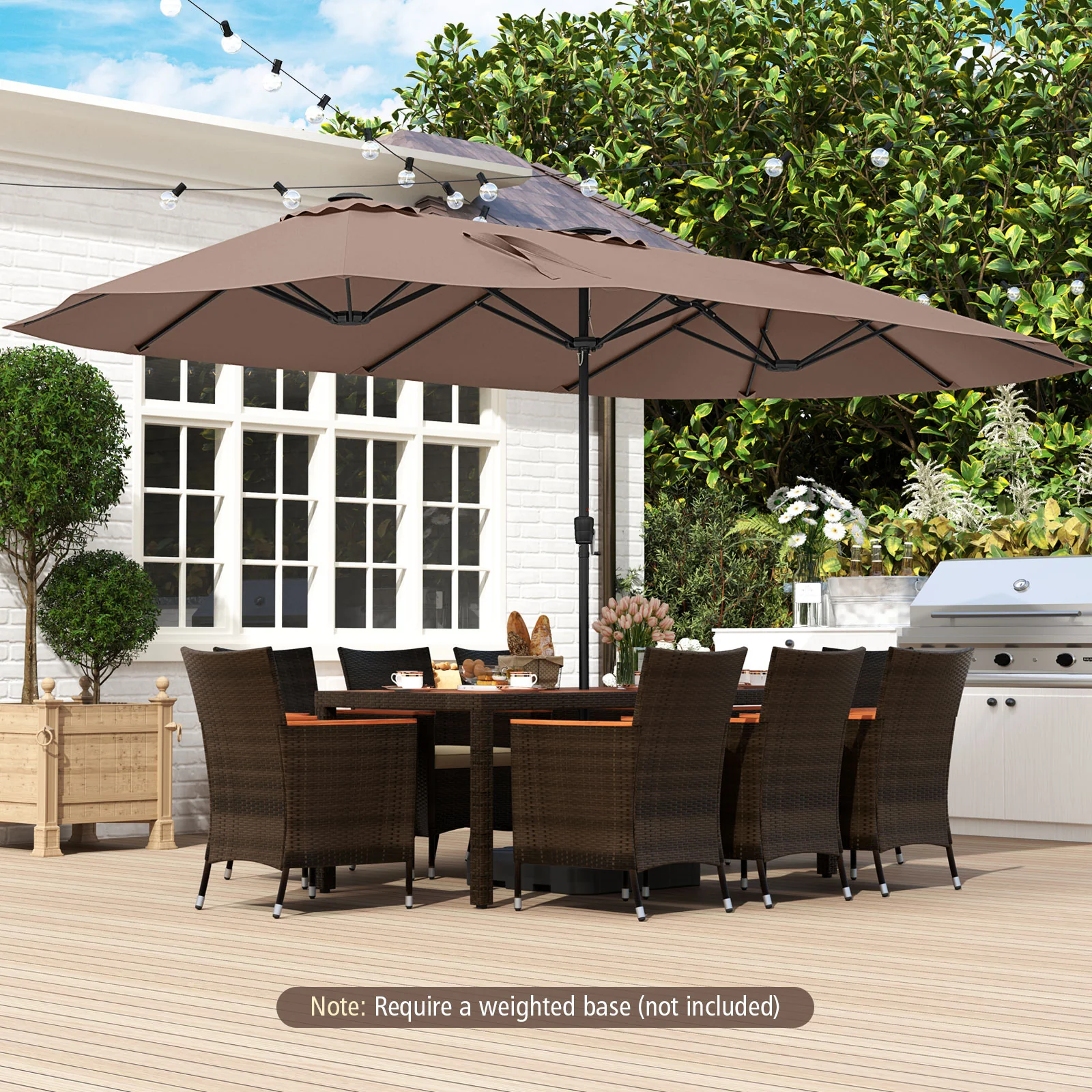15.5 FT Extra-Large Patio Umbrella, LED Solar Lights, Crank Handle, Brown - Image 3