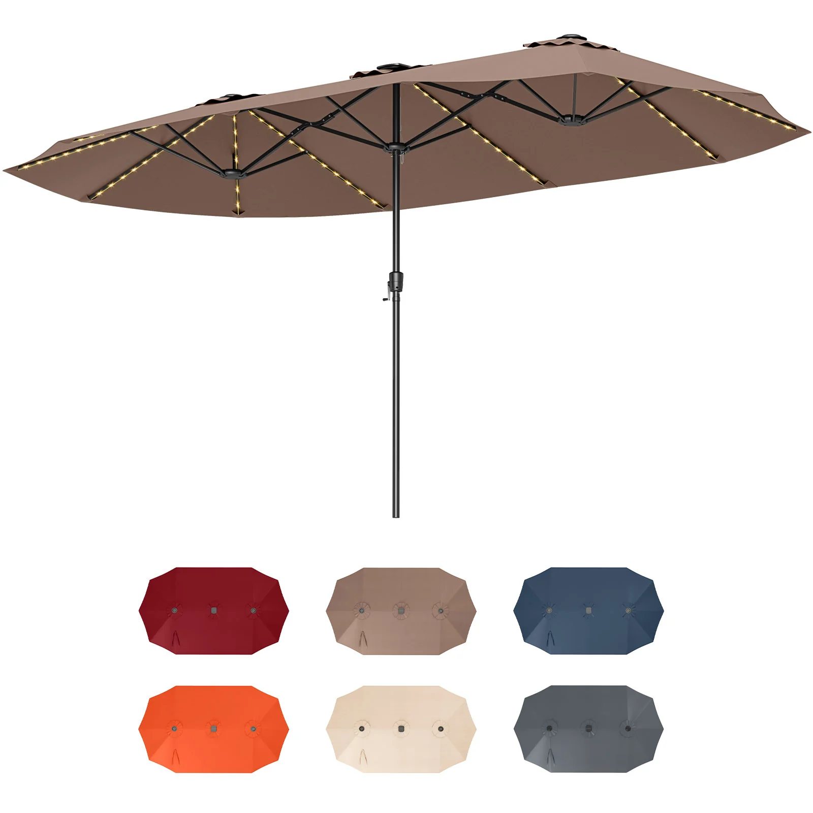 15.5 FT Extra-Large Patio Umbrella, LED Solar Lights, Crank Handle, Brown - Image 4