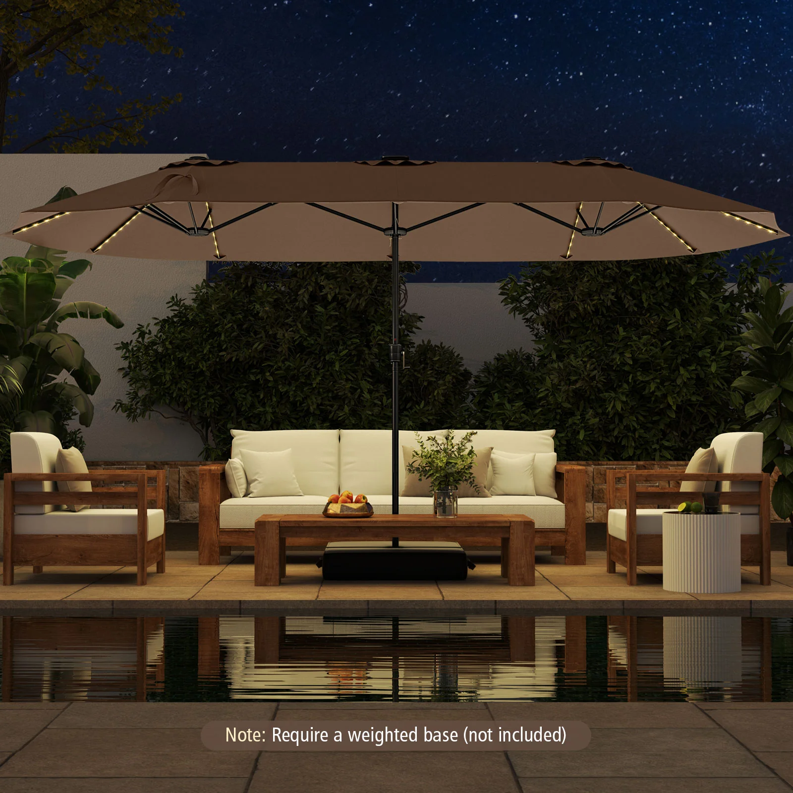 15.5 FT Extra-Large Patio Umbrella, LED Solar Lights, Crank Handle, Brown - Image 6