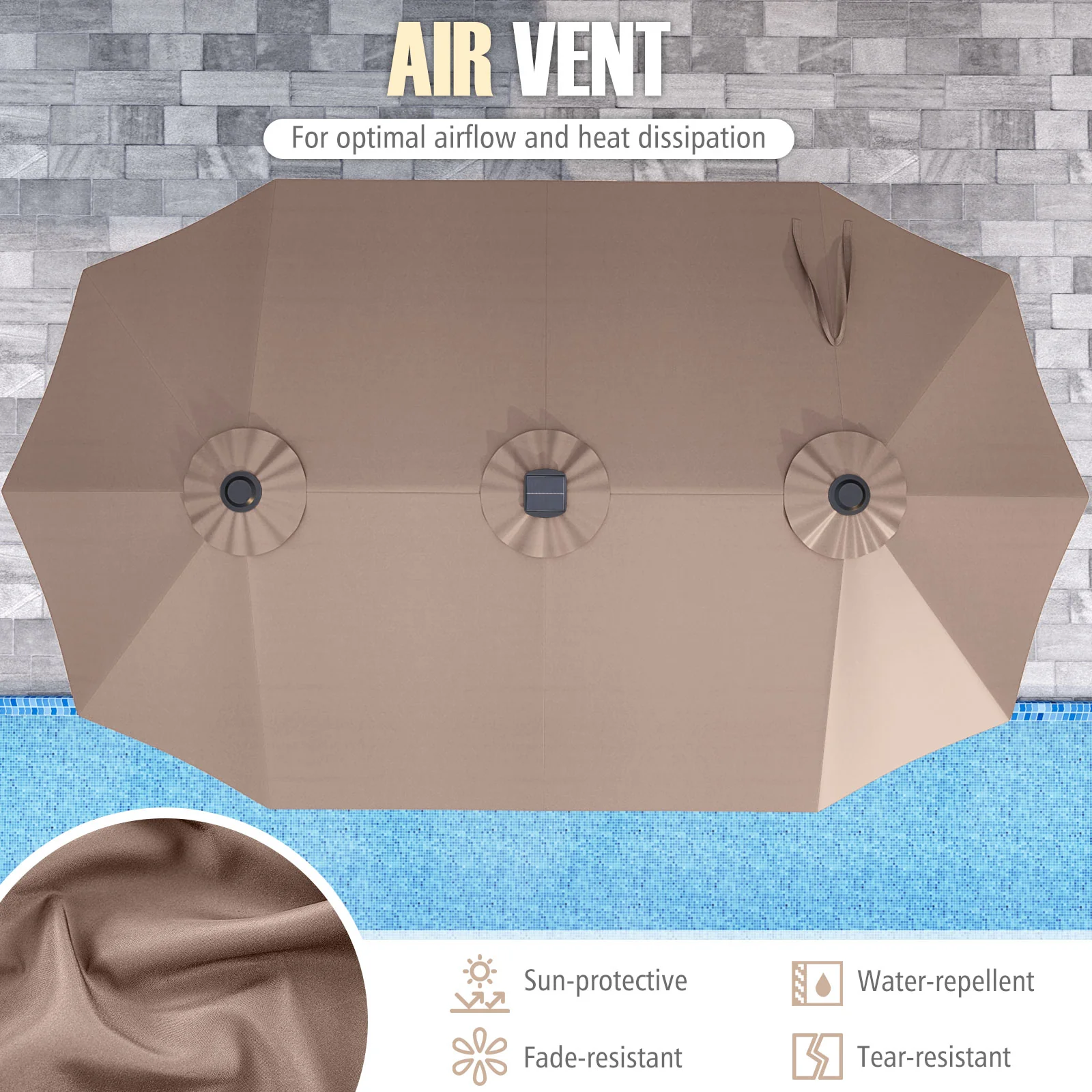 15.5 FT Extra-Large Patio Umbrella, LED Solar Lights, Crank Handle, Brown - Image 8