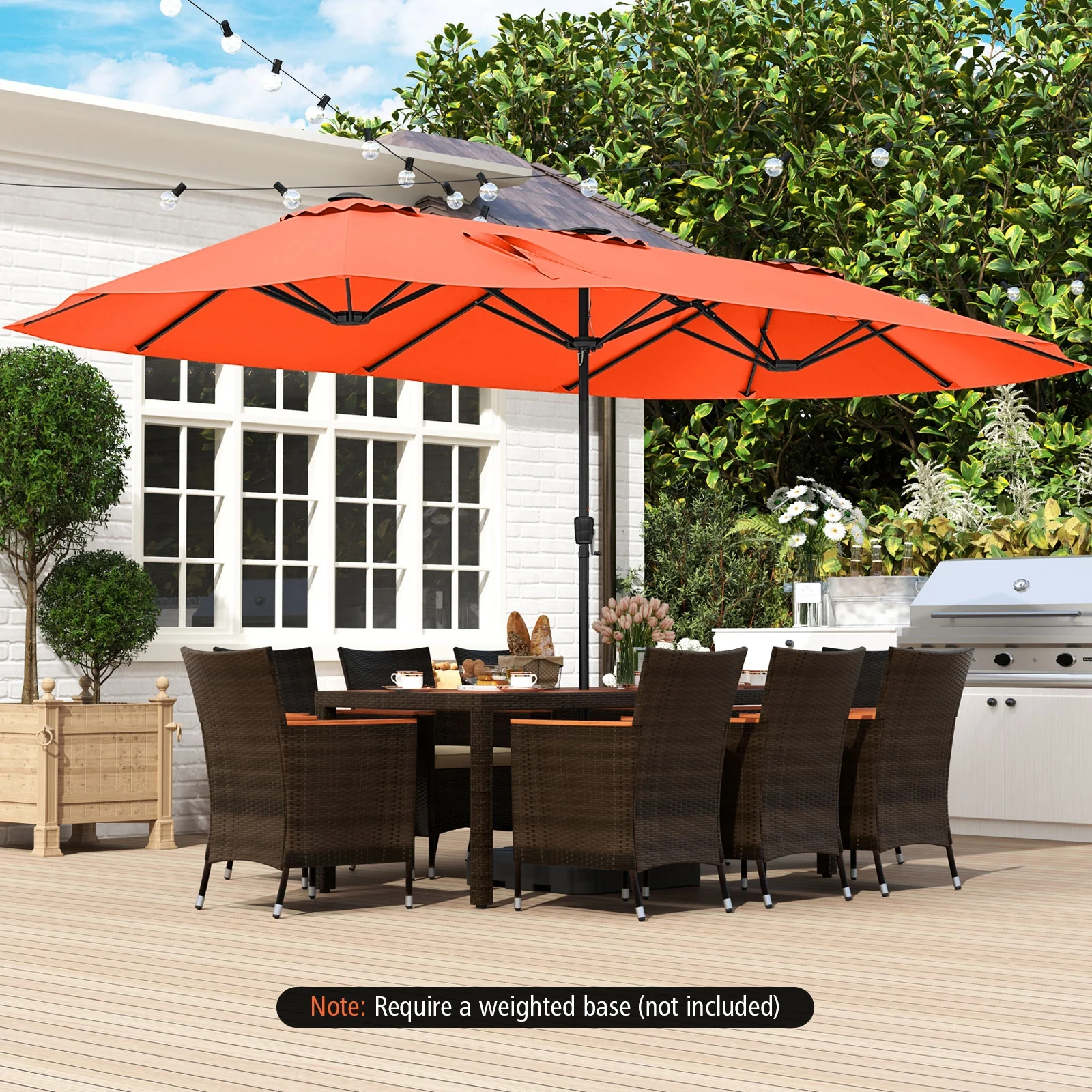 15.5 FT Patio Umbrella With LED Solar Lights, Crank Handle, Orange - Image 3