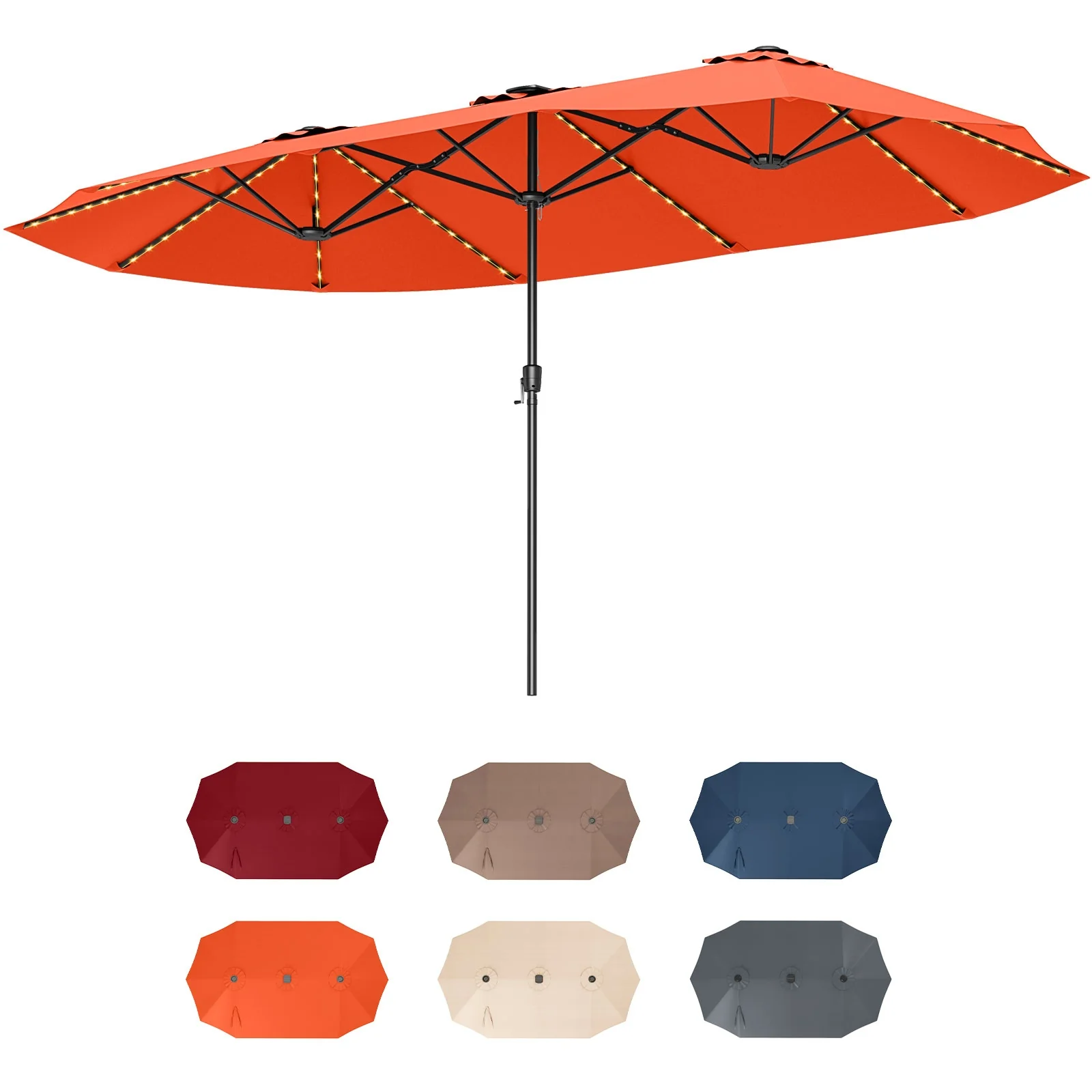 15.5 FT Patio Umbrella With LED Solar Lights, Crank Handle, Orange - Image 4
