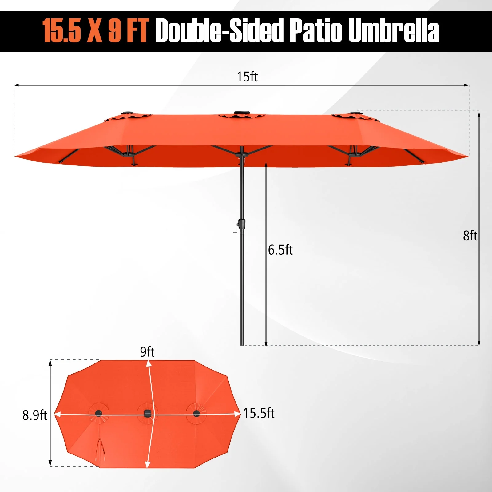 15.5 FT Patio Umbrella With LED Solar Lights, Crank Handle, Orange - Image 5