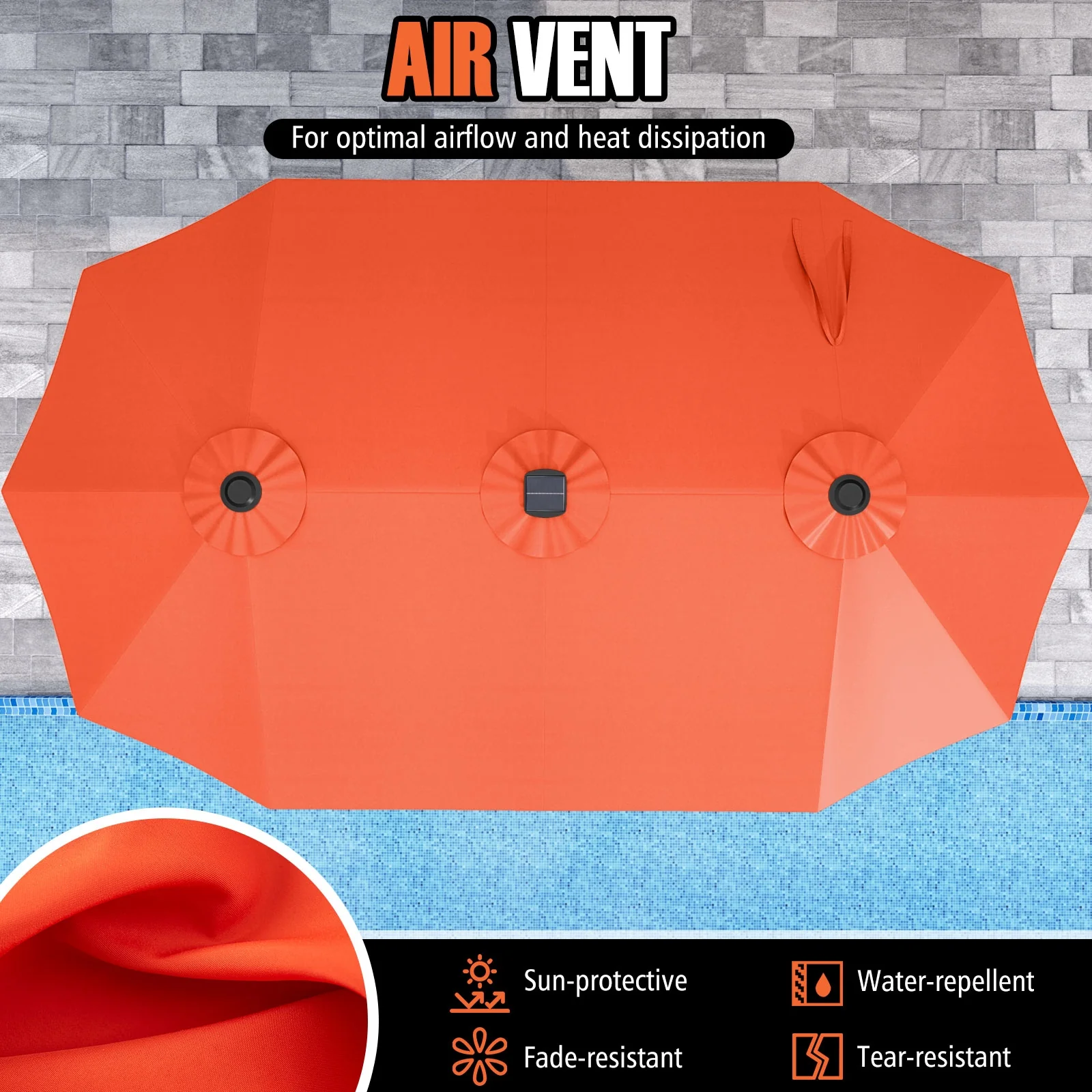 15.5 FT Patio Umbrella With LED Solar Lights, Crank Handle, Orange - Image 8
