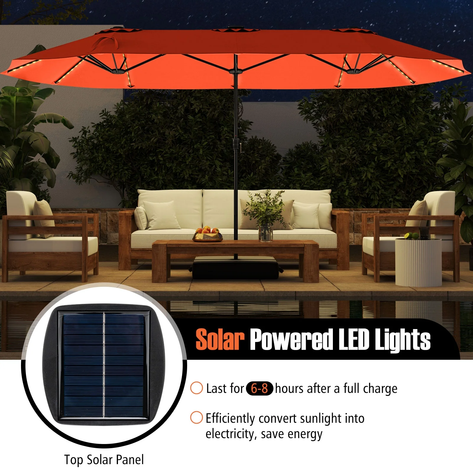 15.5 FT Patio Umbrella With LED Solar Lights, Crank Handle, Orange - Image 9