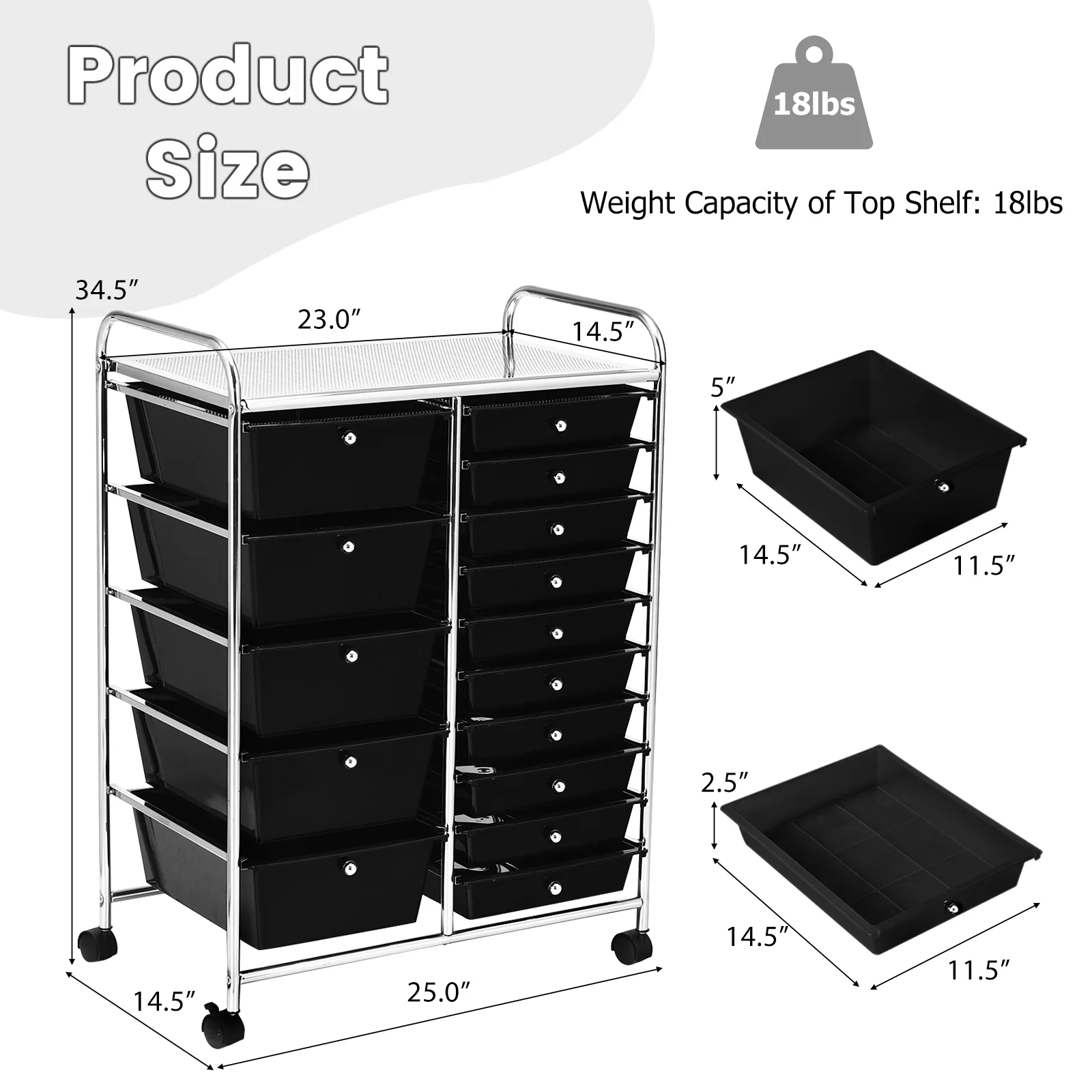15-Drawer Rolling Organizer Cart, Multi-Use Storage, Black - Image 6