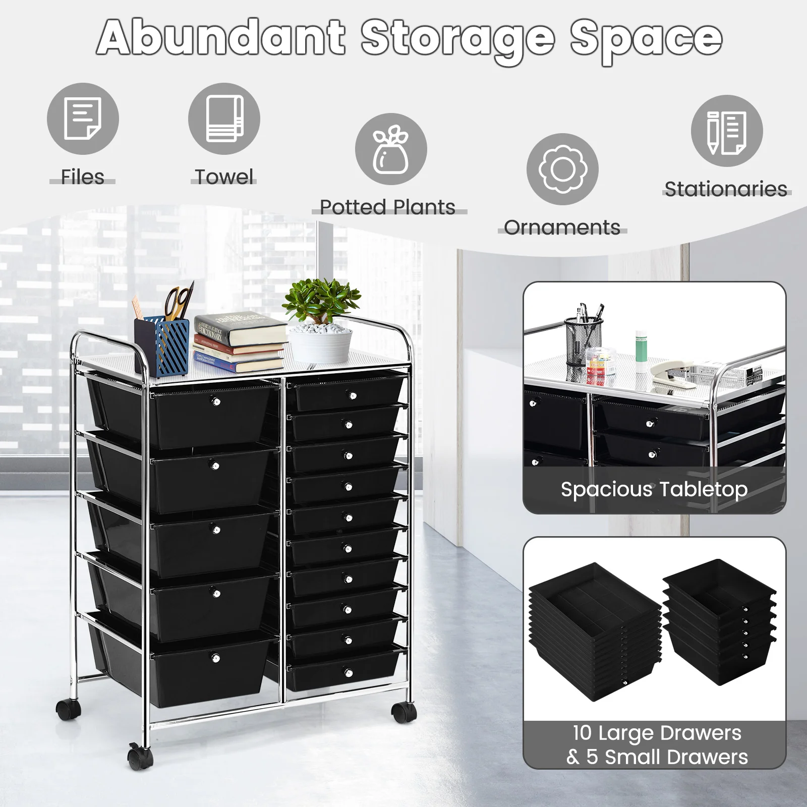 15-Drawer Rolling Organizer Cart, Multi-Use Storage, Black - Image 8