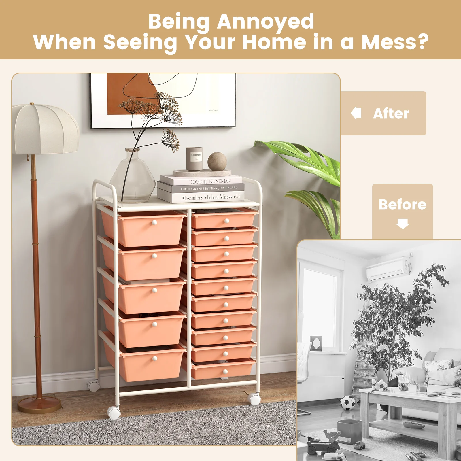 15-Drawer Rolling Organizer Cart, Multi-Use Storage, Peach - Image 10