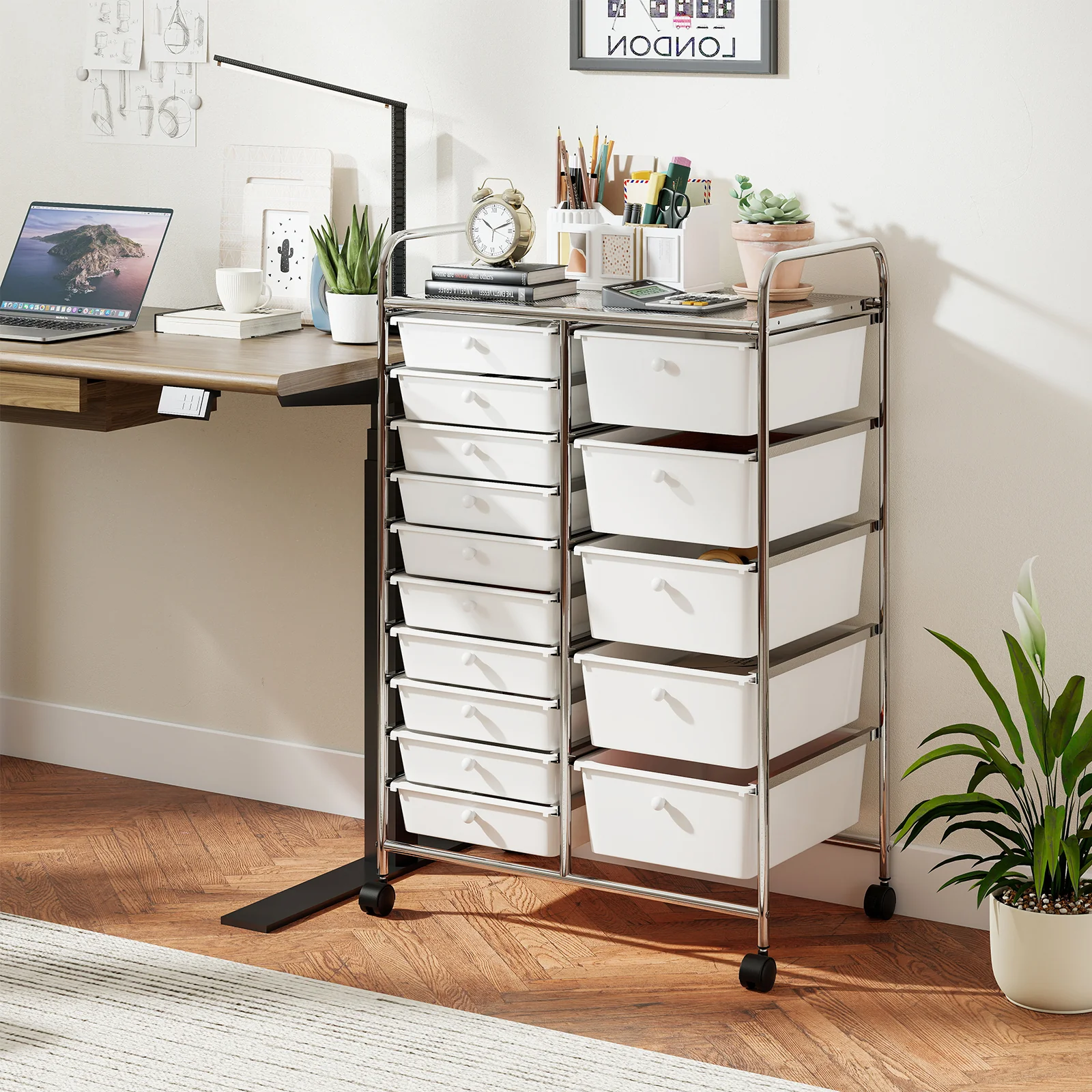 15-Drawer Rolling Storage Cart, Chrome Metal Frame, White - Image 2