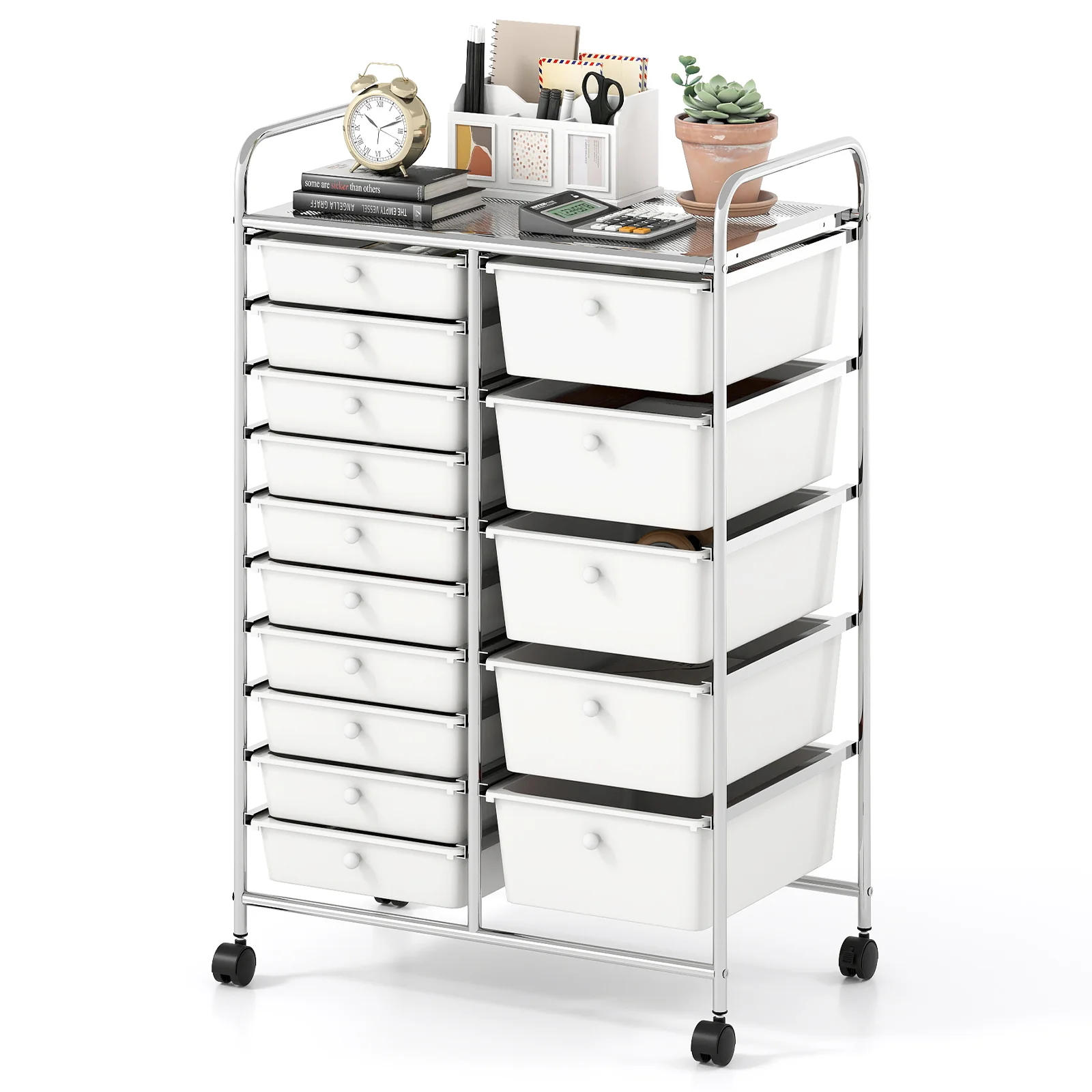 15-Drawer Rolling Storage Cart, Chrome Metal Frame, White - Image 4