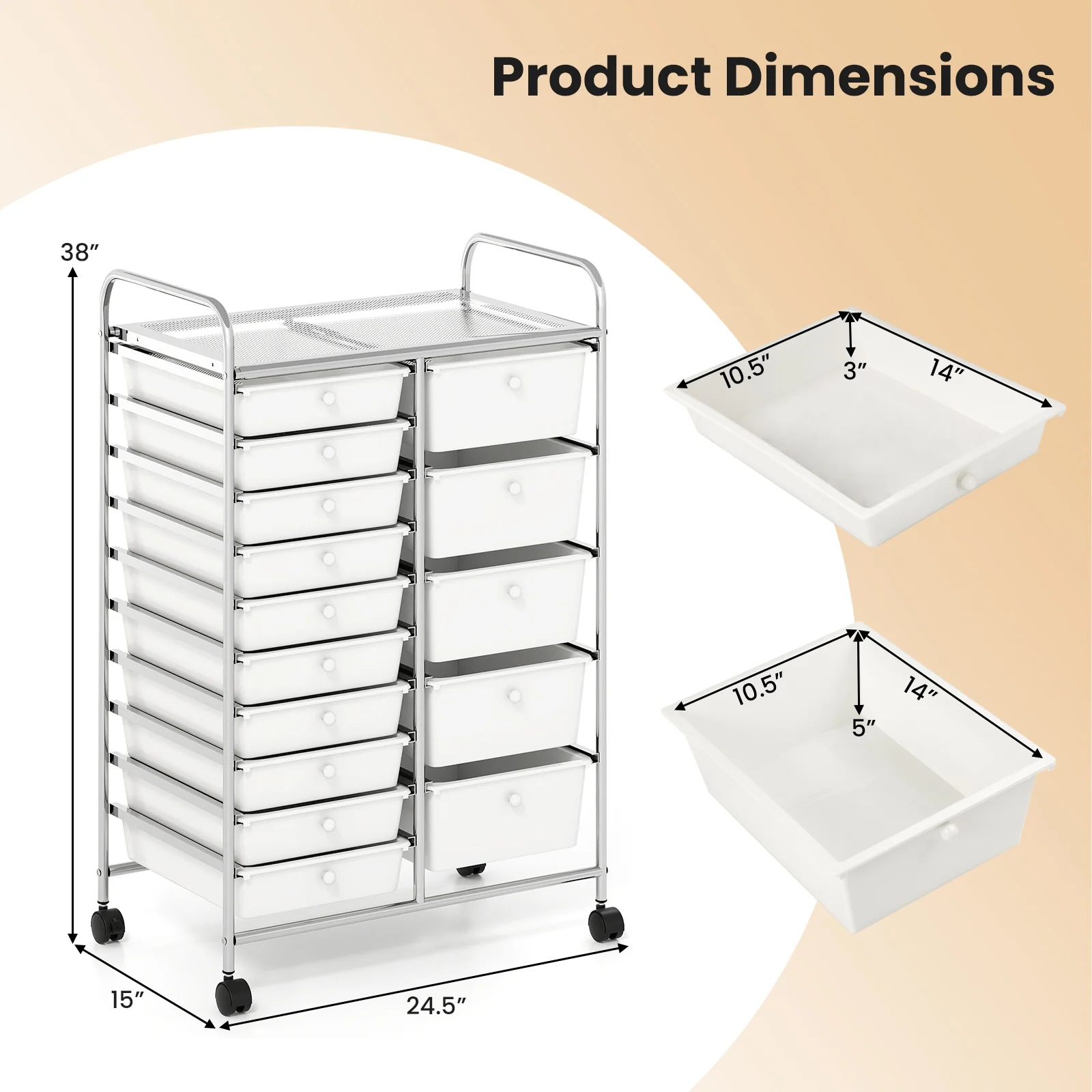 15-Drawer Rolling Storage Cart, Chrome Metal Frame, White - Image 6