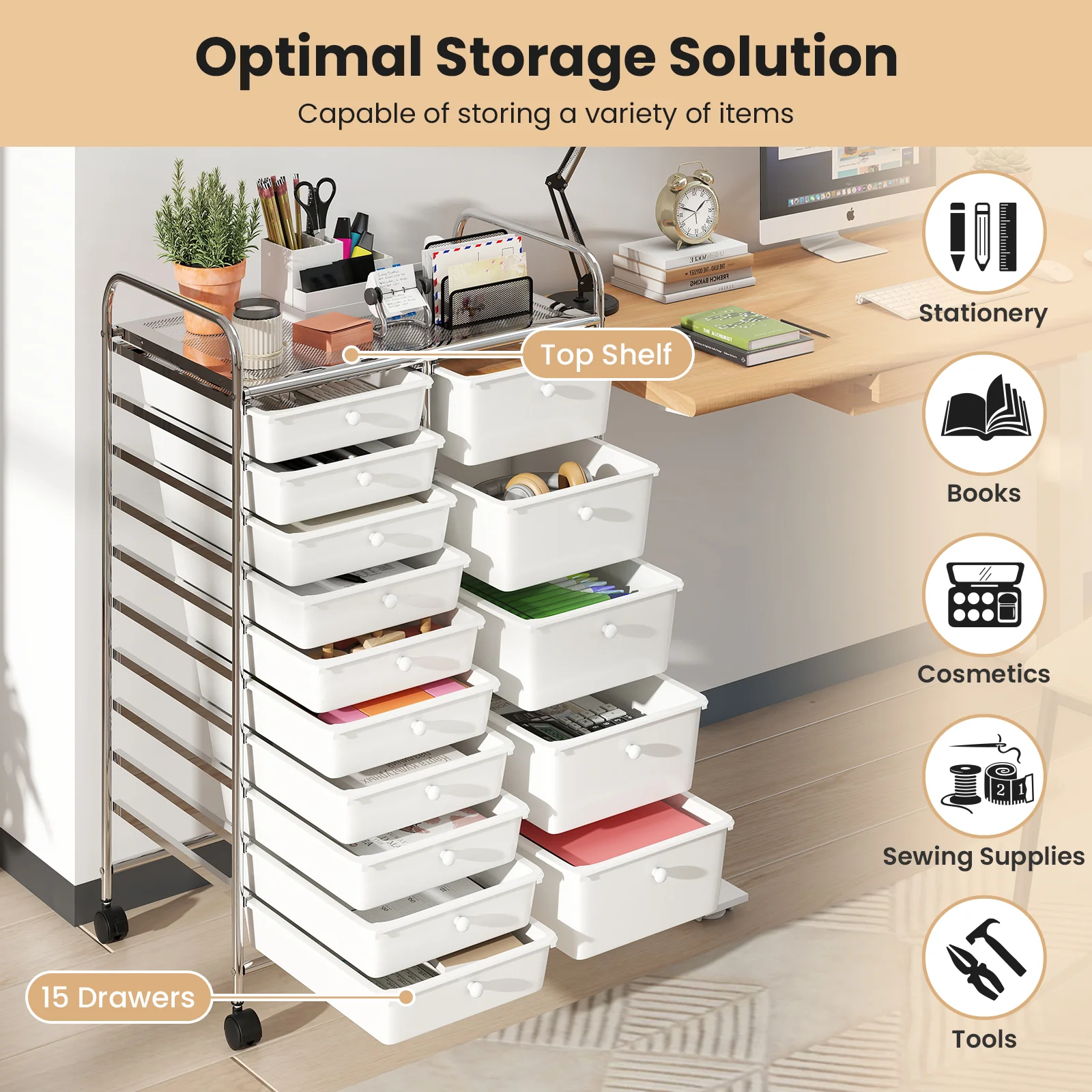15-Drawer Rolling Storage Cart, Chrome Metal Frame, White - Image 9