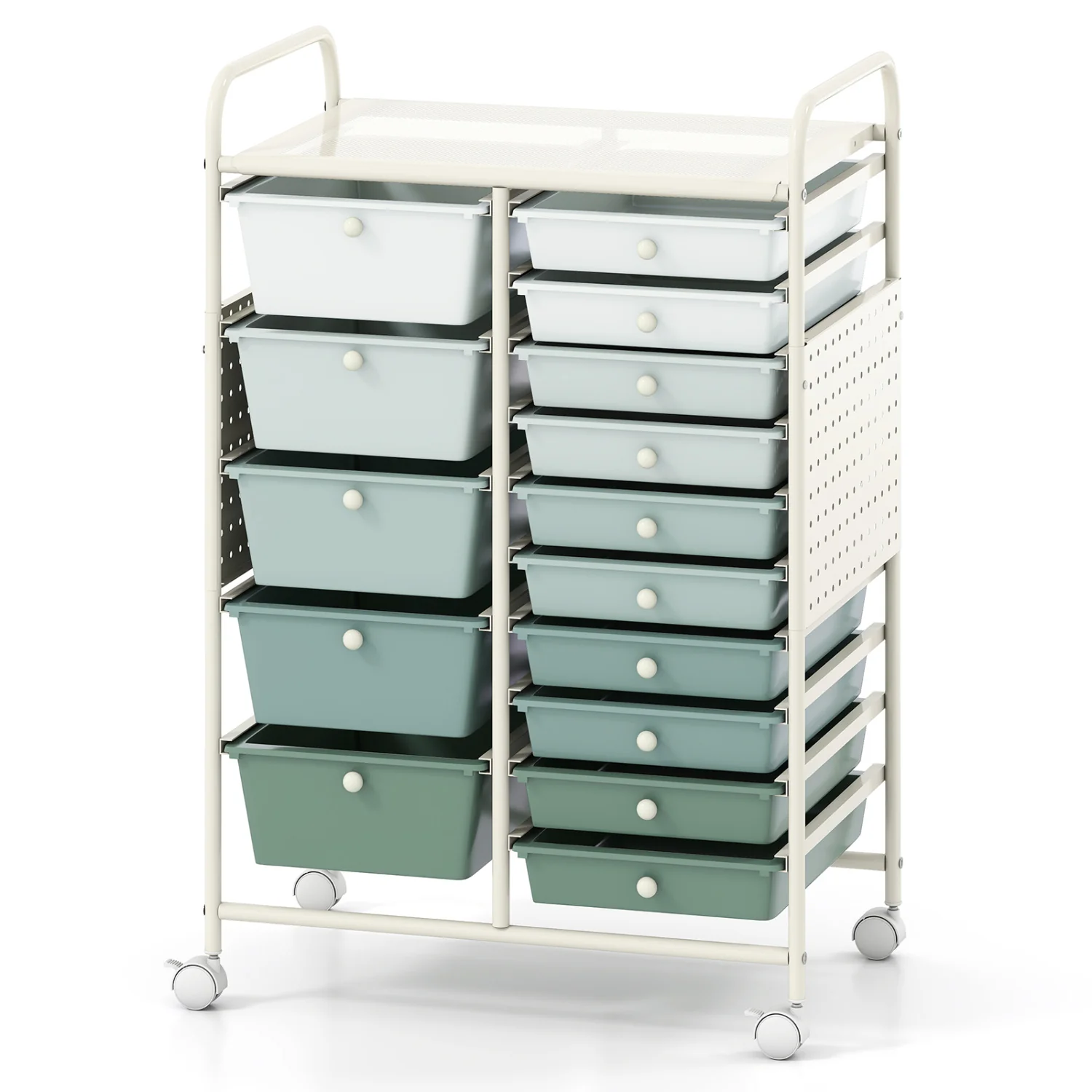 15-Drawer Rolling Storage Cart, Metal Tabletop, Pegboard, Green
