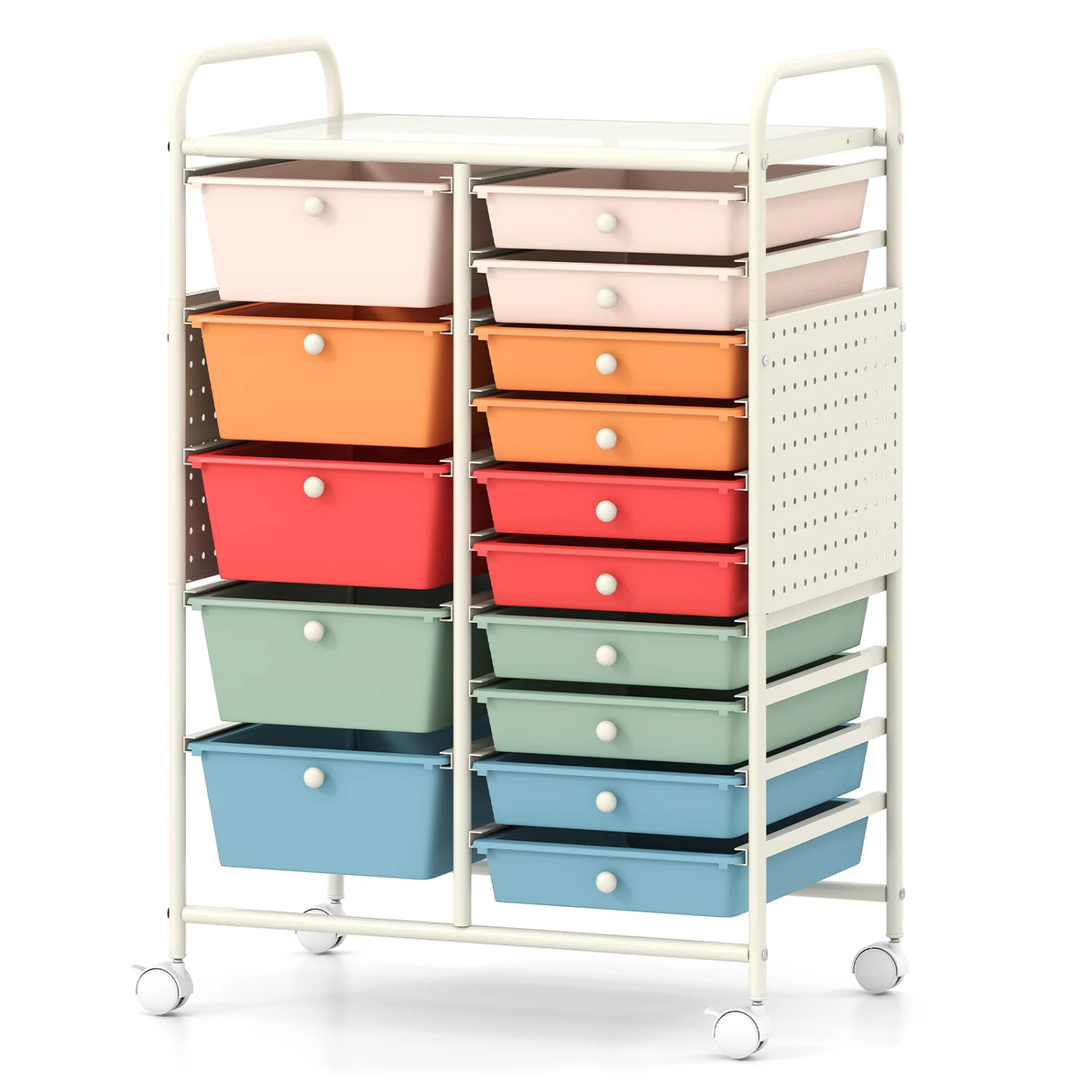 15-Drawer Rolling Storage Cart, Metal Tabletop, Pegboard, Macaron