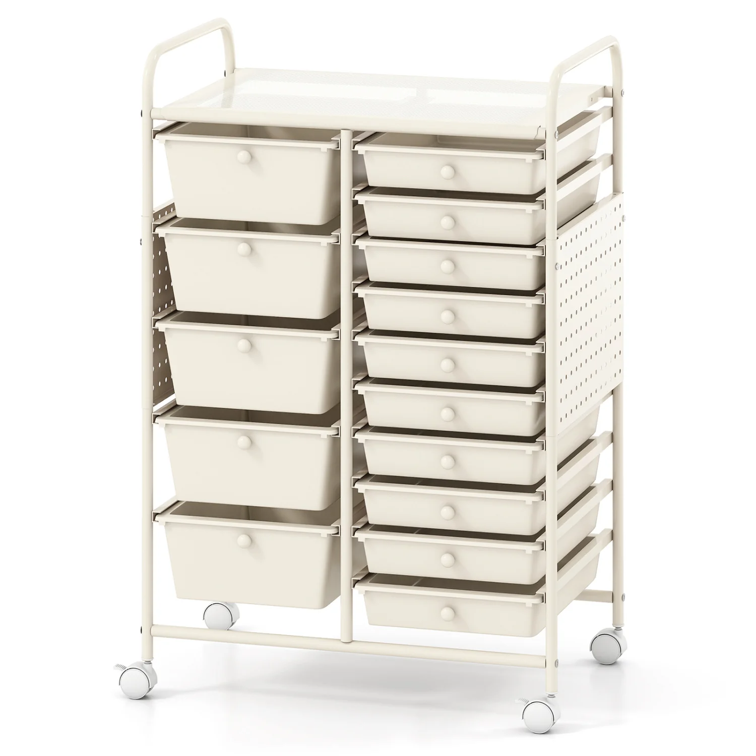 15-Drawer Rolling Storage Cart with Metal Tabletop and Pegboard, White