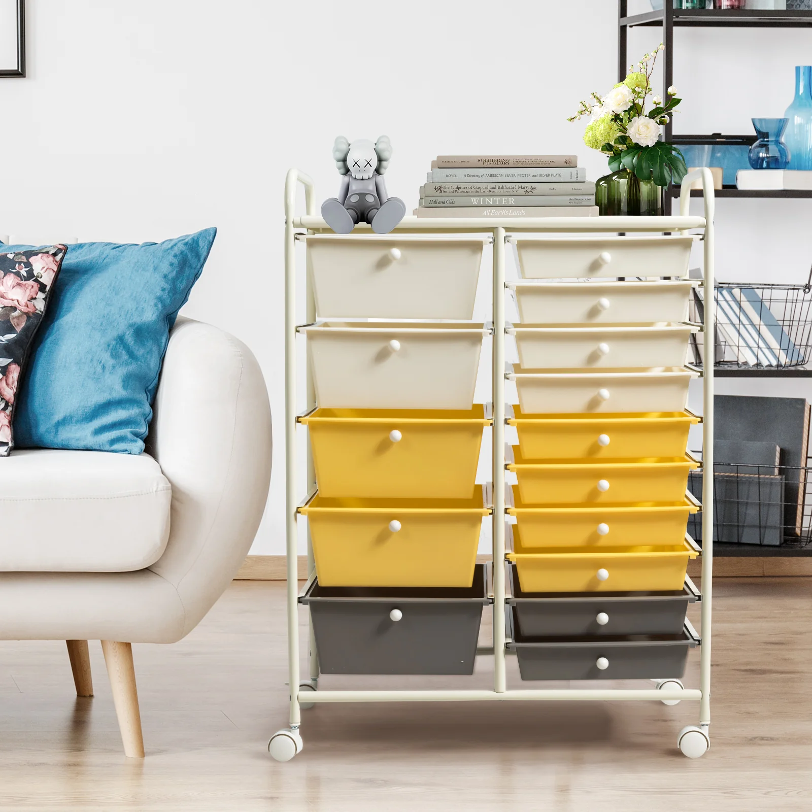 15-Drawer Rolling Storage Cart, Yellow - Image 2