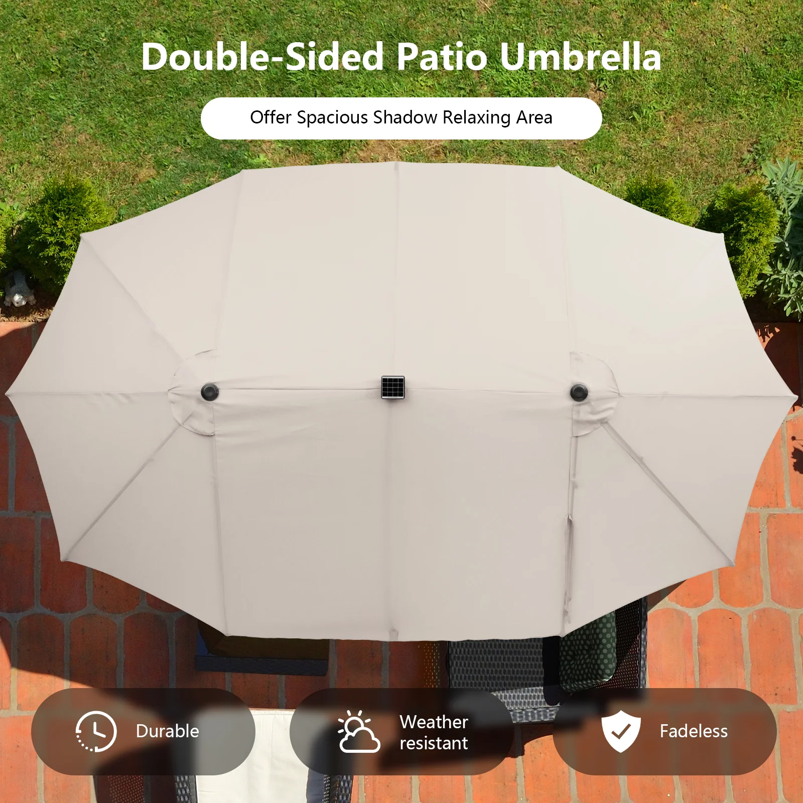 15 Feet Double-Sided Patio Umbrella, 48 LED Lights, Beige - Image 10