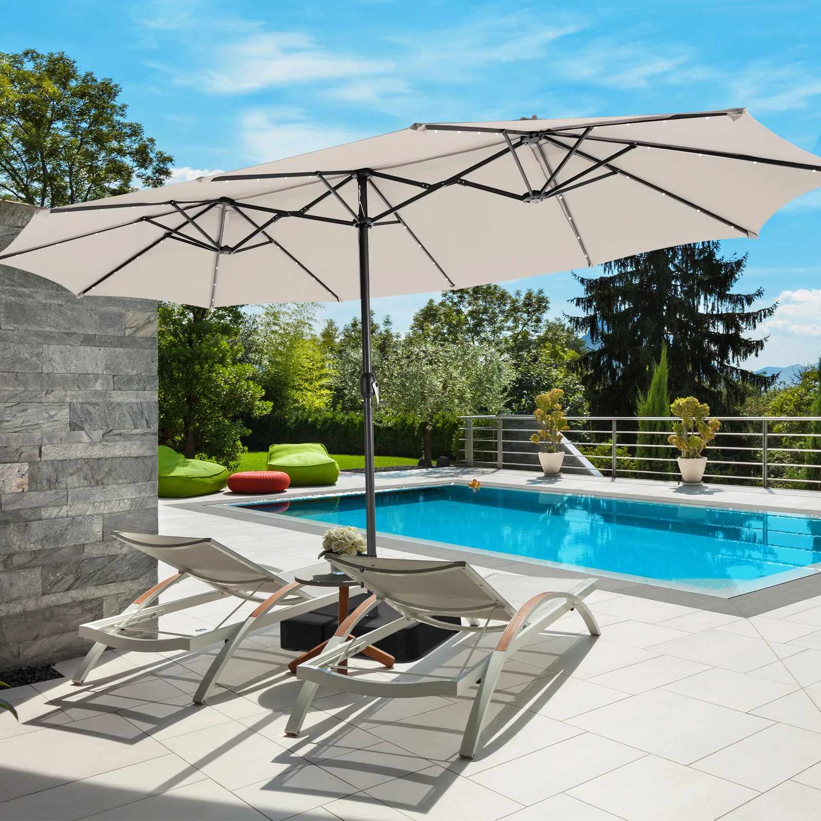 15 Feet Double-Sided Patio Umbrella, 48 LED Lights, Beige - Image 2