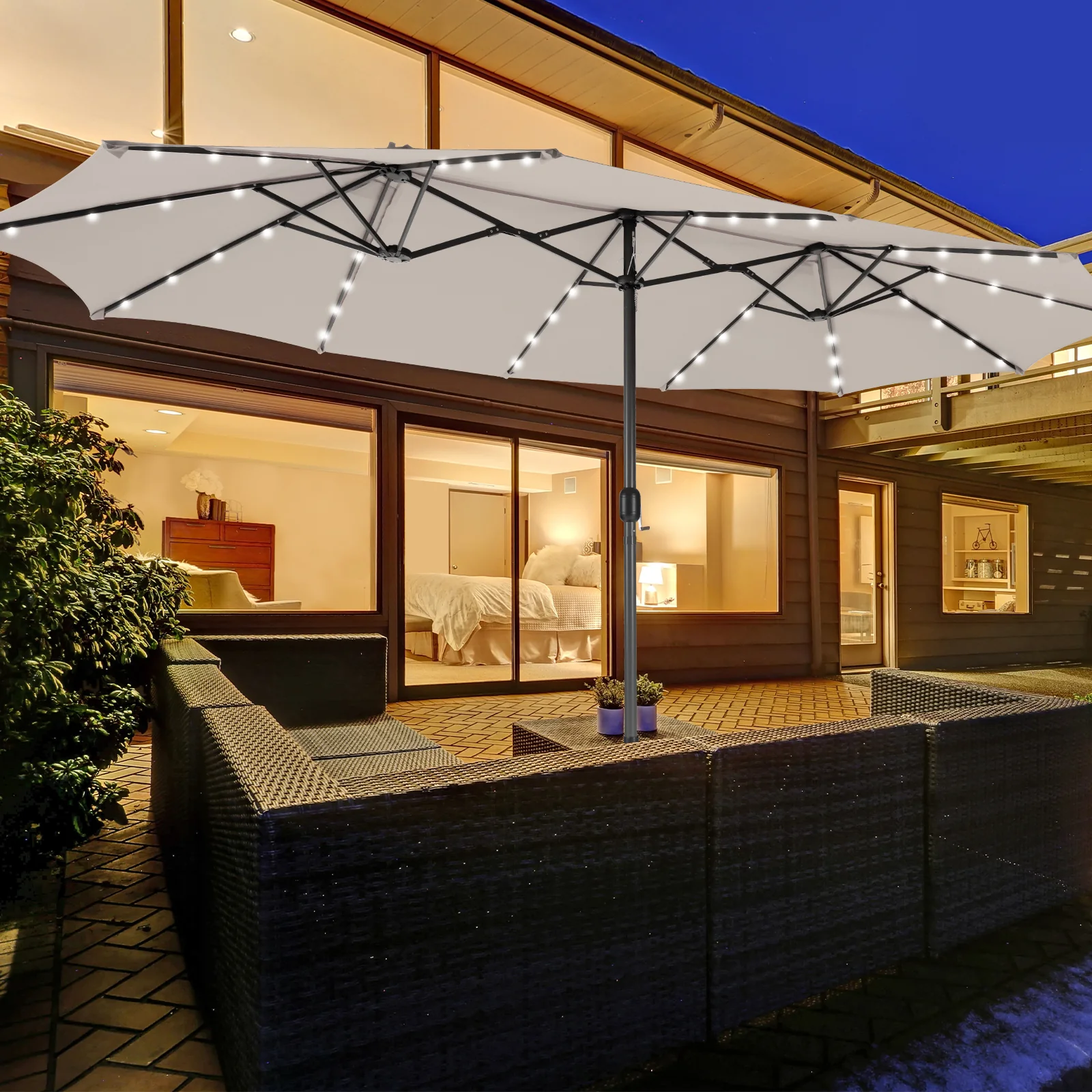 15 Feet Double-Sided Patio Umbrella, 48 LED Lights, Beige - Image 3