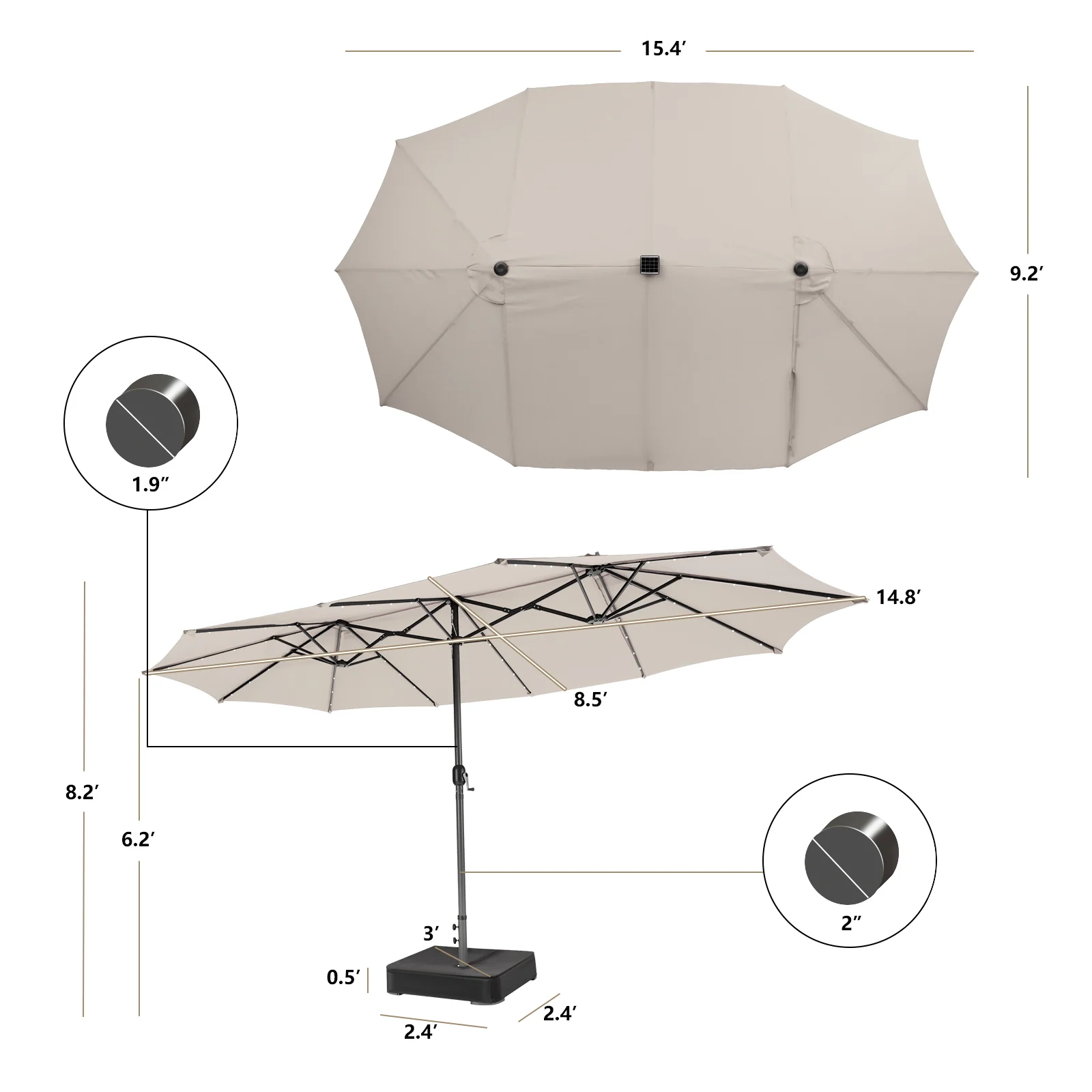 15 Feet Double-Sided Patio Umbrella, 48 LED Lights, Beige - Image 5
