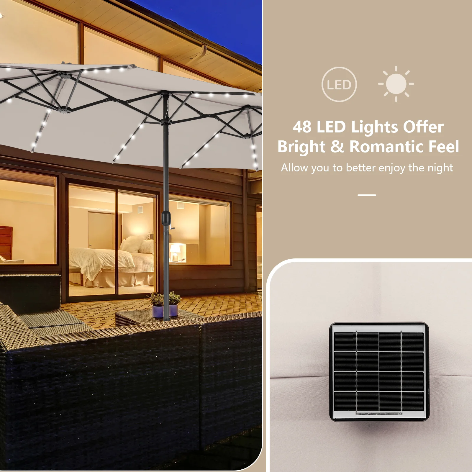 15 Feet Double-Sided Patio Umbrella, 48 LED Lights, Beige - Image 7