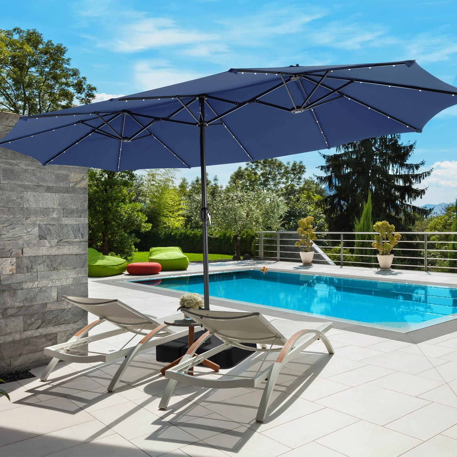 15 Feet Double-Sided Patio Umbrella, 48 LED Lights, Navy - Image 2