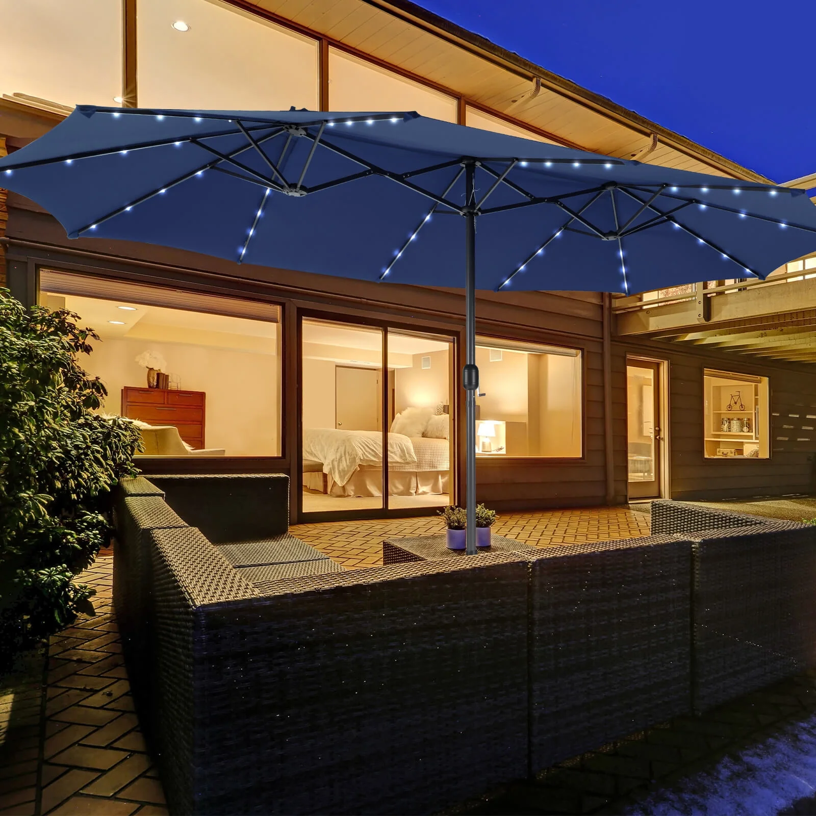 15 Feet Double-Sided Patio Umbrella, 48 LED Lights, Navy - Image 3