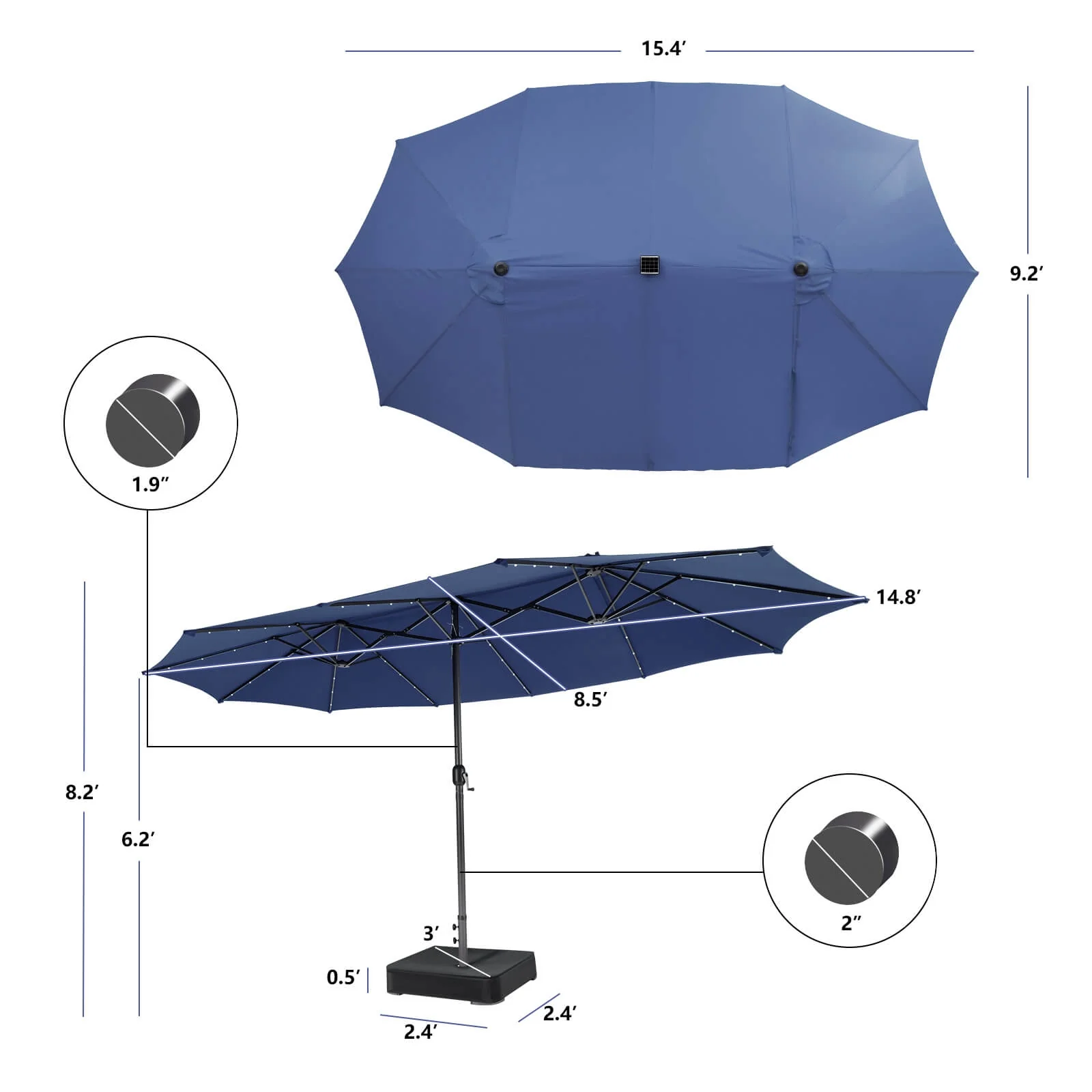 15 Feet Double-Sided Patio Umbrella, 48 LED Lights, Navy - Image 5
