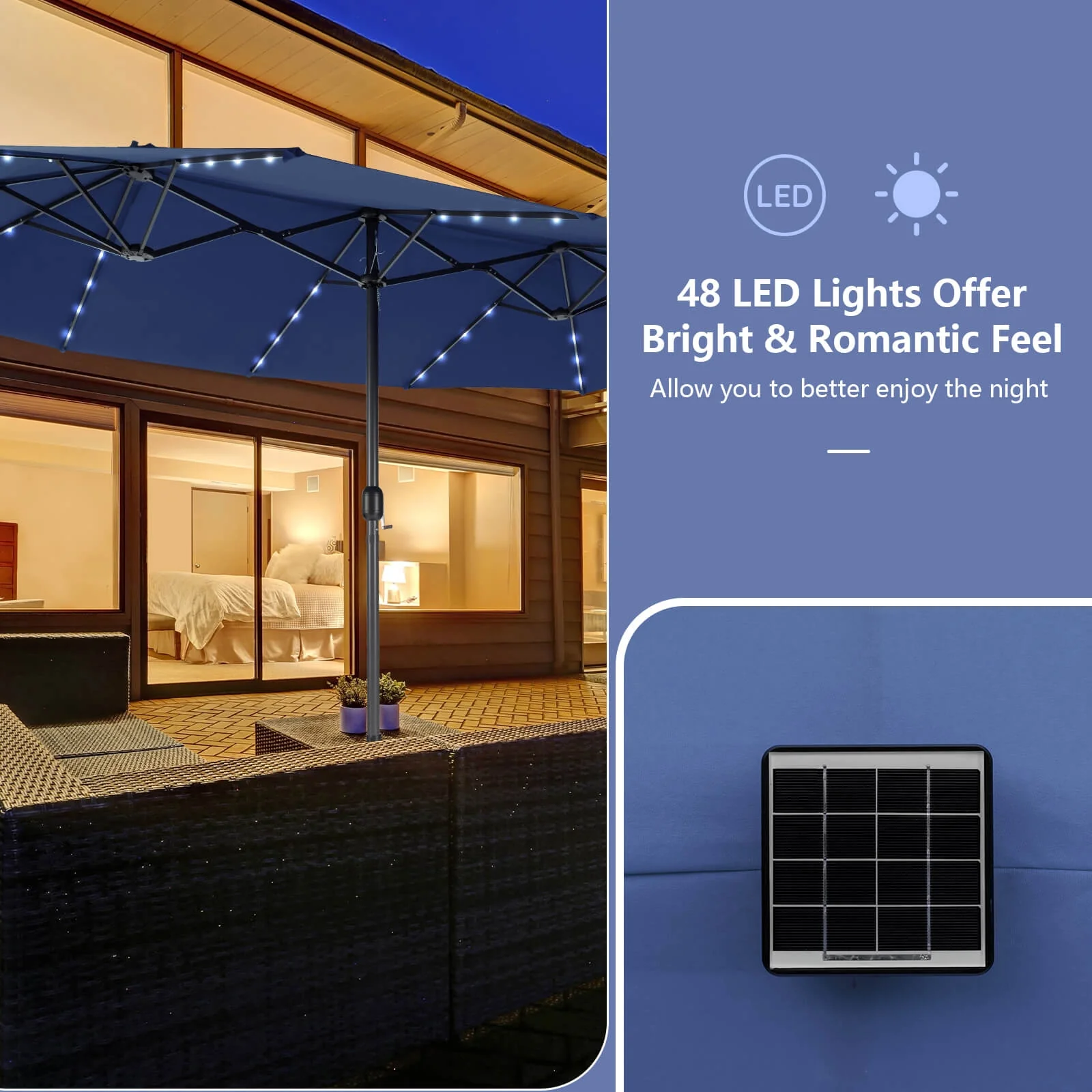 15 Feet Double-Sided Patio Umbrella, 48 LED Lights, Navy - Image 7